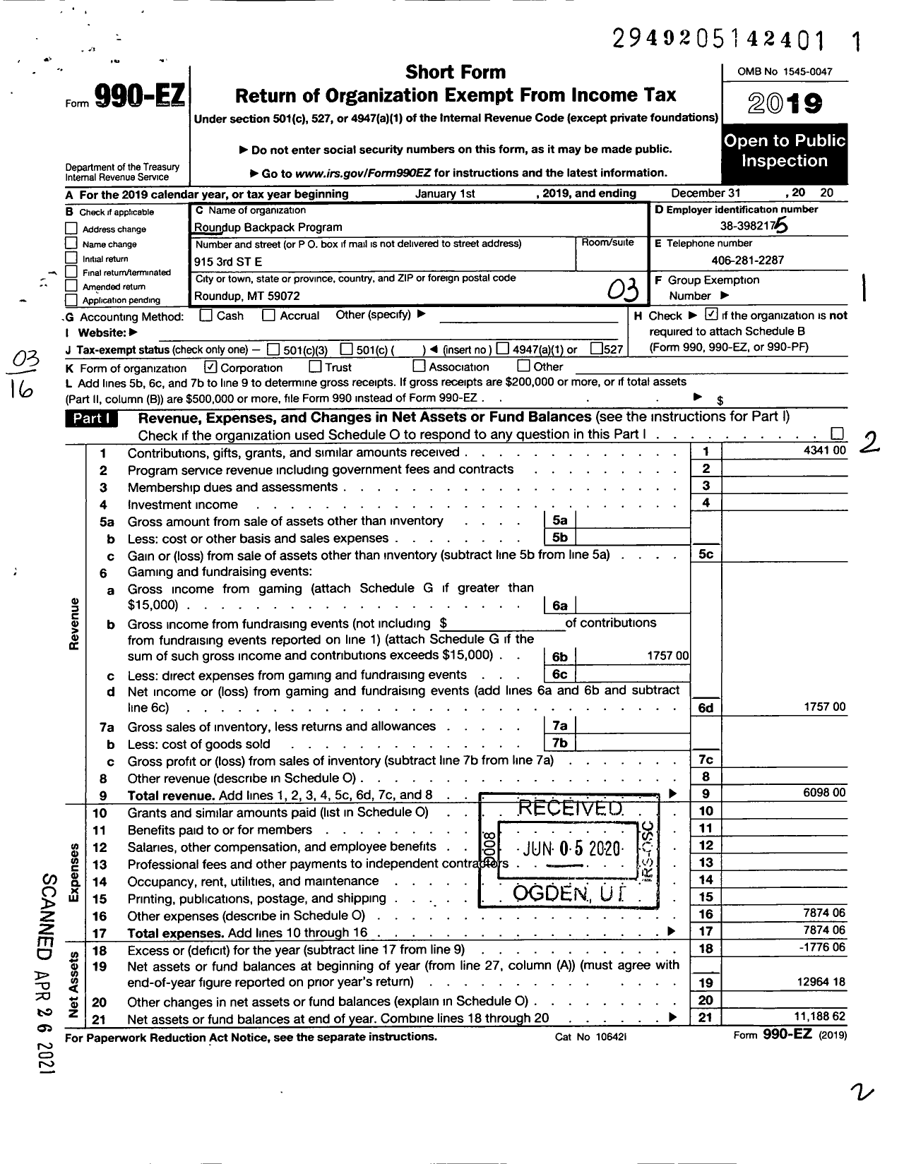 Image of first page of 2020 Form 990EZ for Roundup Backpack Program