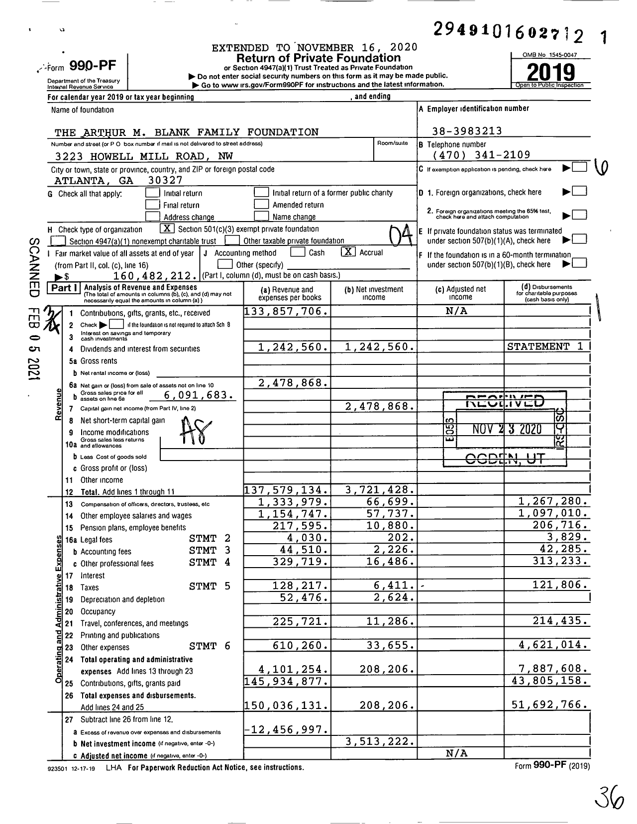Image of first page of 2019 Form 990PF for The Arthur M Blank Family Foundation