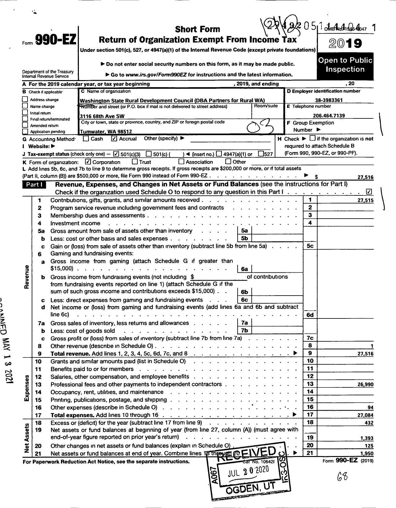 Image of first page of 2019 Form 990EZ for Washington State Rural Development Council