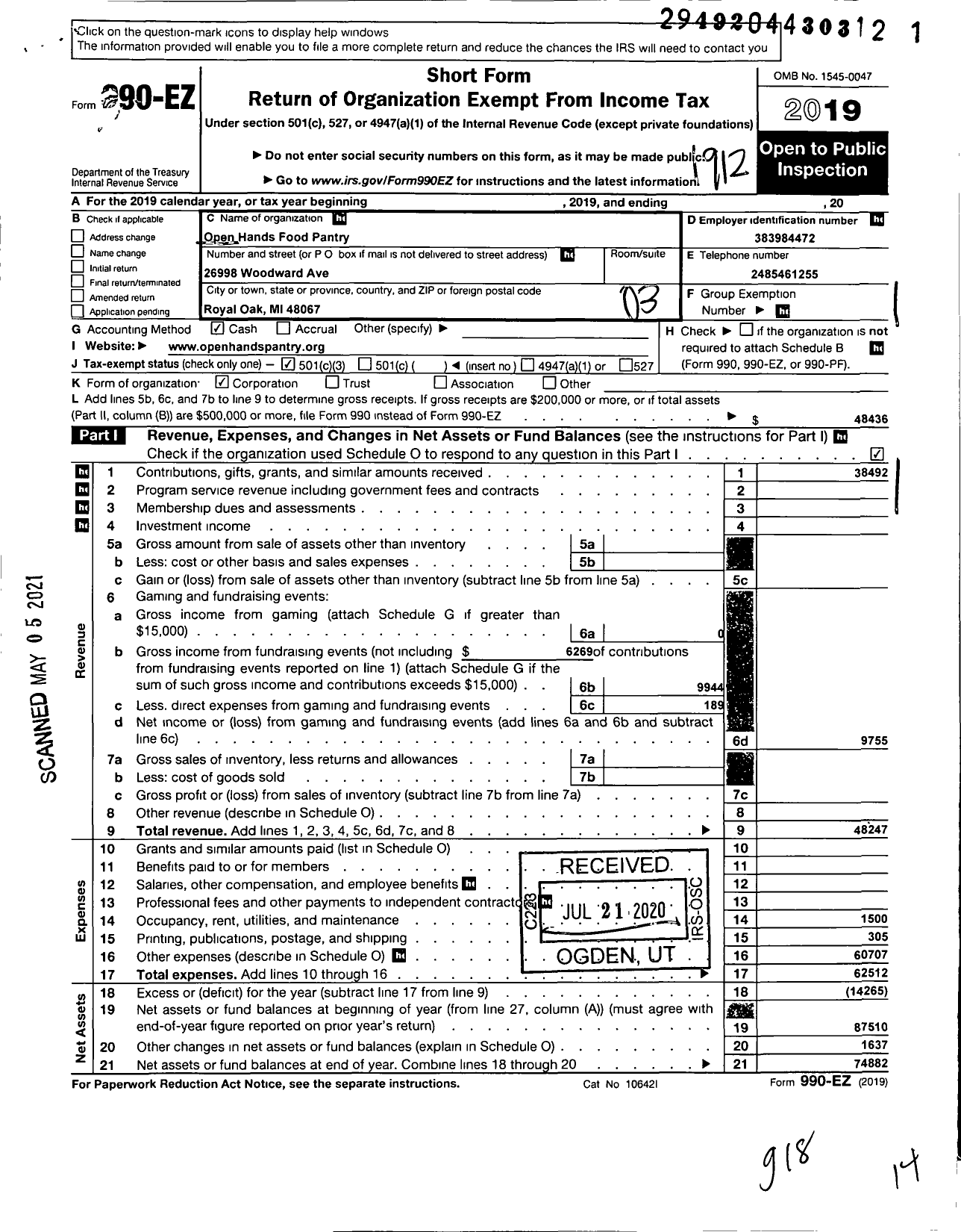 Image of first page of 2019 Form 990EZ for Open Hands Food Pantry