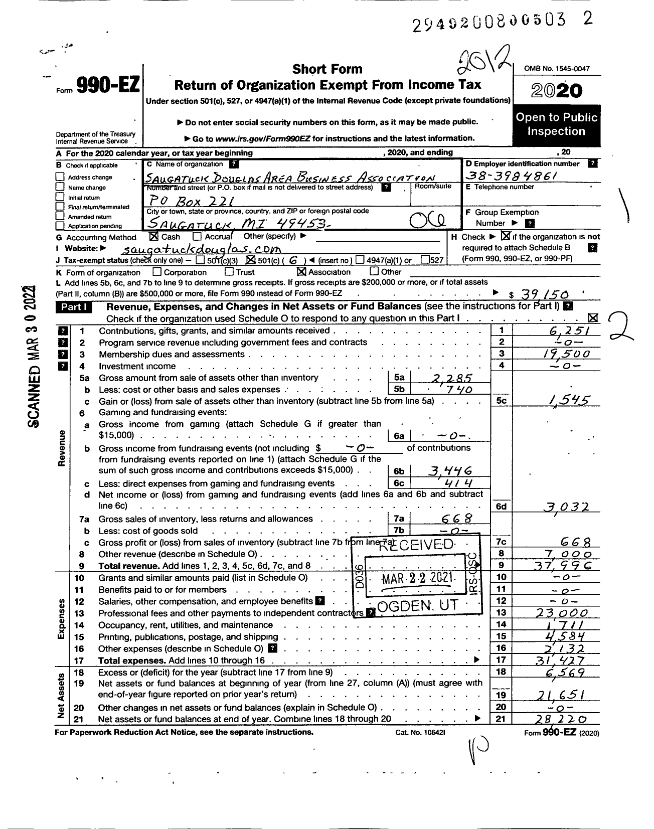 Image of first page of 2020 Form 990EO for Saugatuck Douglas Area Business Association