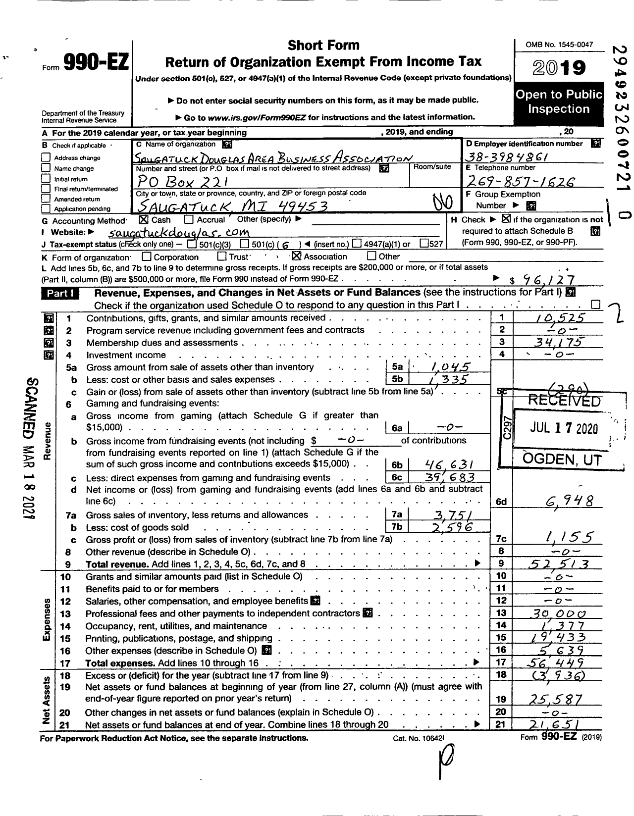 Image of first page of 2019 Form 990EO for Saugatuck Douglas Area Business Association