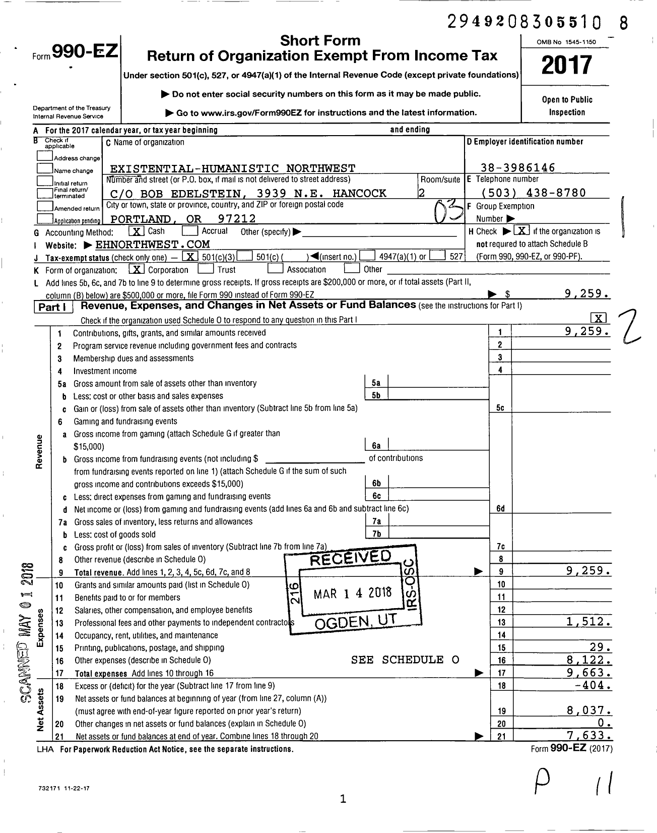 Image of first page of 2017 Form 990EZ for Existential Humanistic Northwest