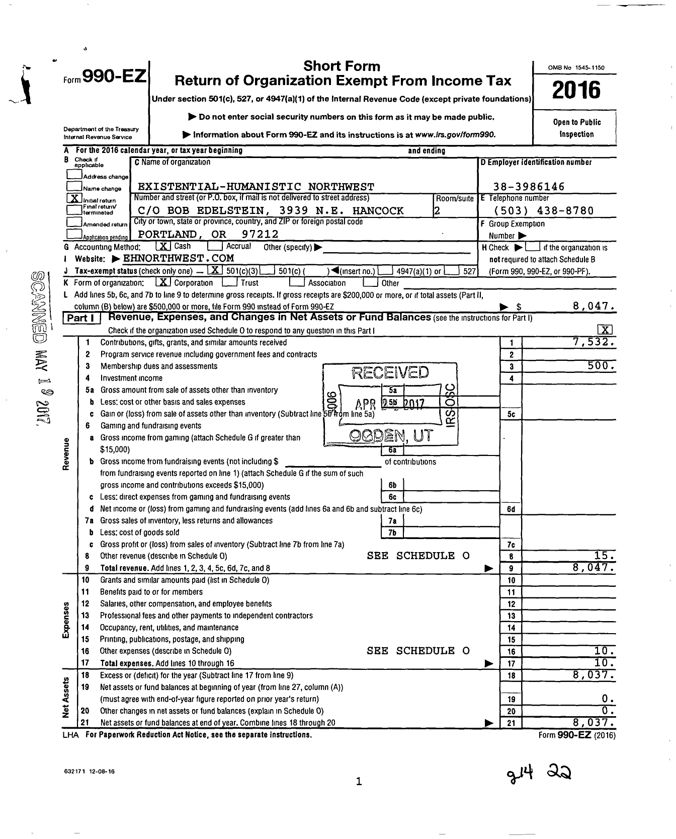 Image of first page of 2016 Form 990EZ for Existential Humanistic Northwest