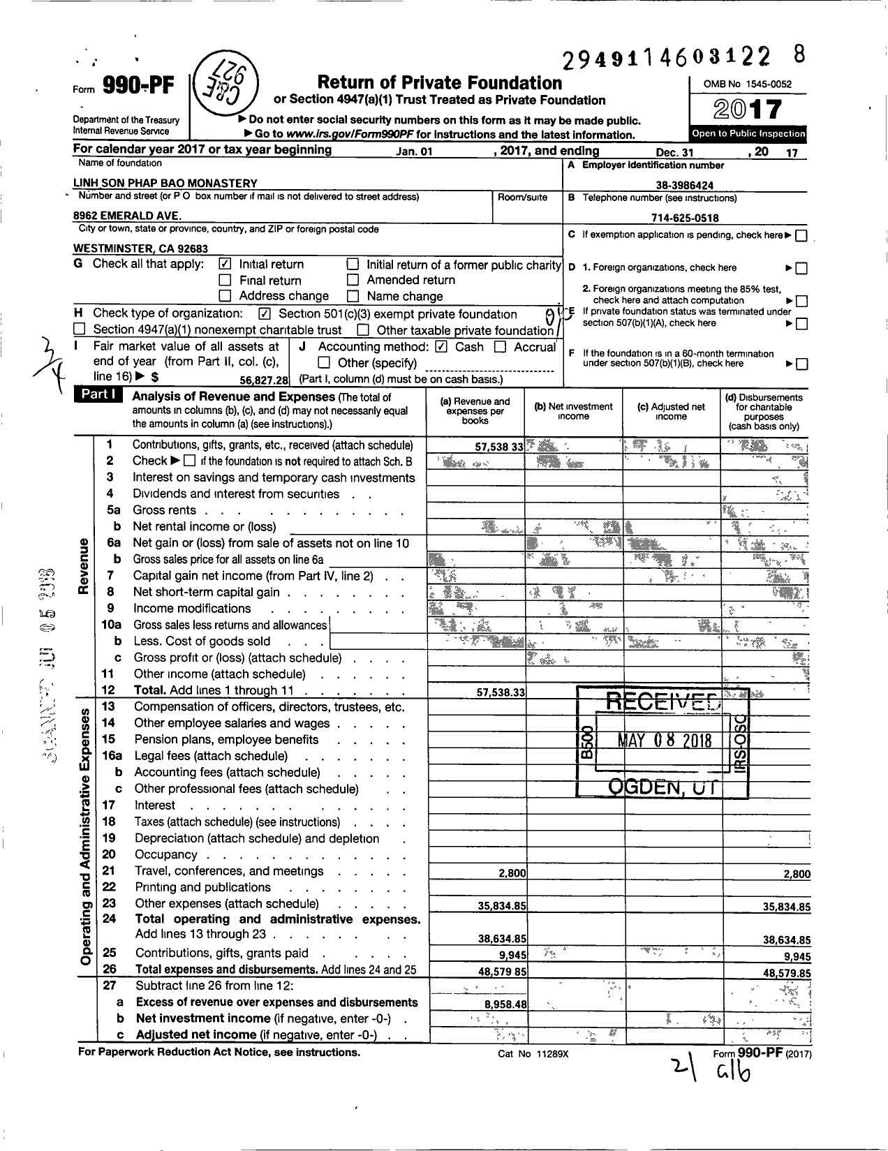 Image of first page of 2017 Form 990PF for Linh Son Phap Bao Monastery