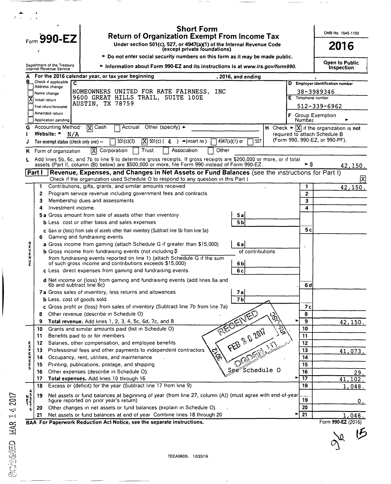 Image of first page of 2016 Form 990EO for Homeowners United for Rate Fairness