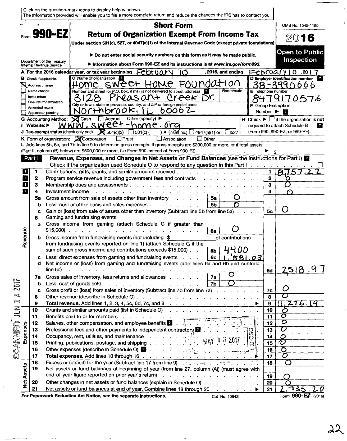 Image of first page of 2016 Form 990EZ for Home Sweet Home Foundation