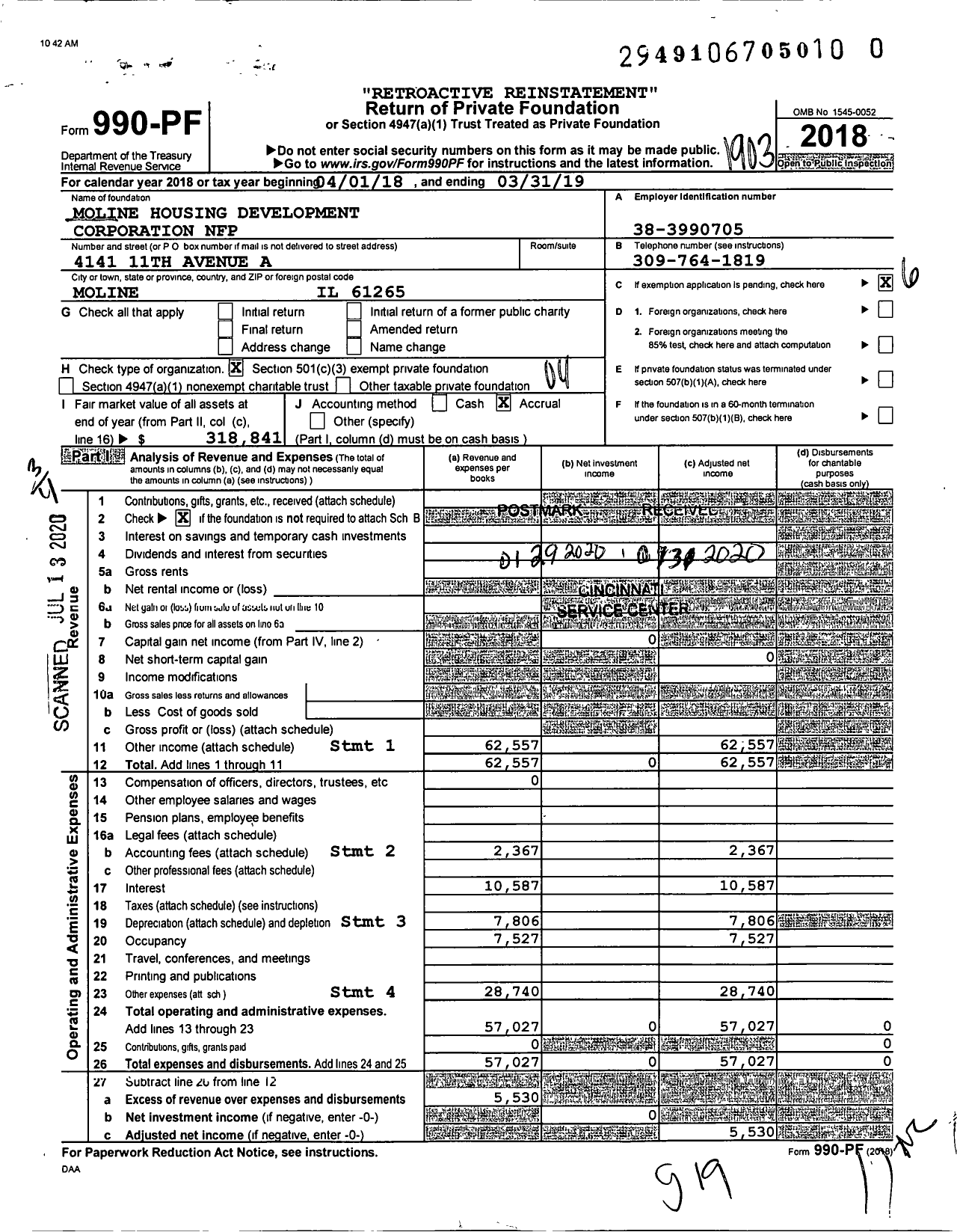 Image of first page of 2018 Form 990PR for Moline Housing Development Corporation NFP