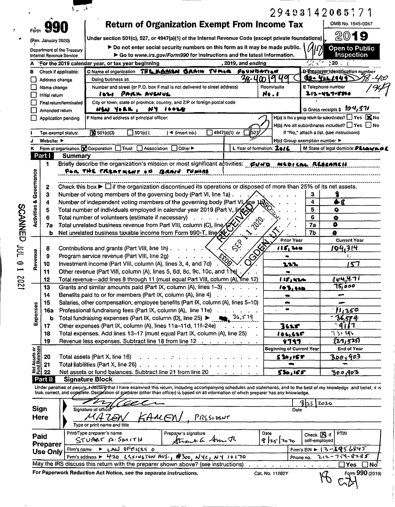 Image of first page of 2019 Form 990 for The Kamen Brain Tumor Foundation