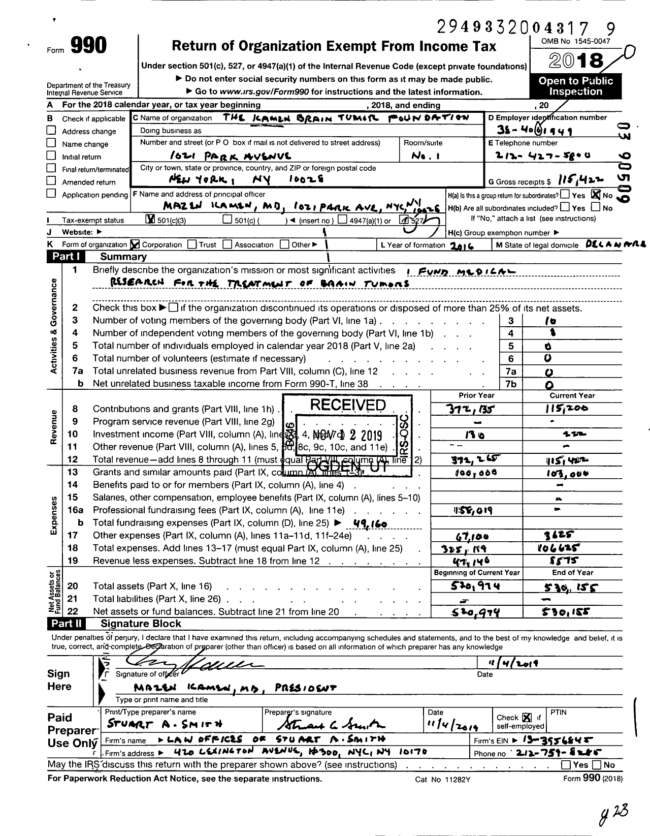 Image of first page of 2018 Form 990 for The Kamen Brain Tumor Foundation