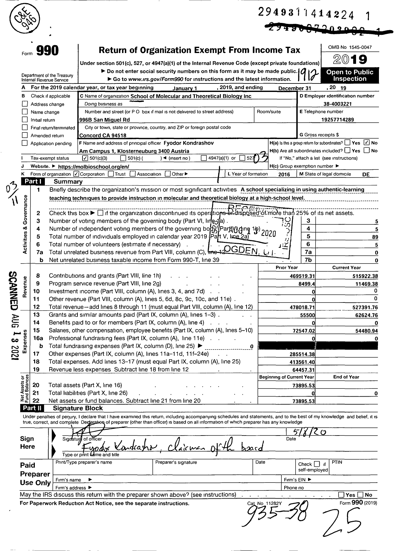 Image of first page of 2019 Form 990 for School of Molecular and Theoretical Biology