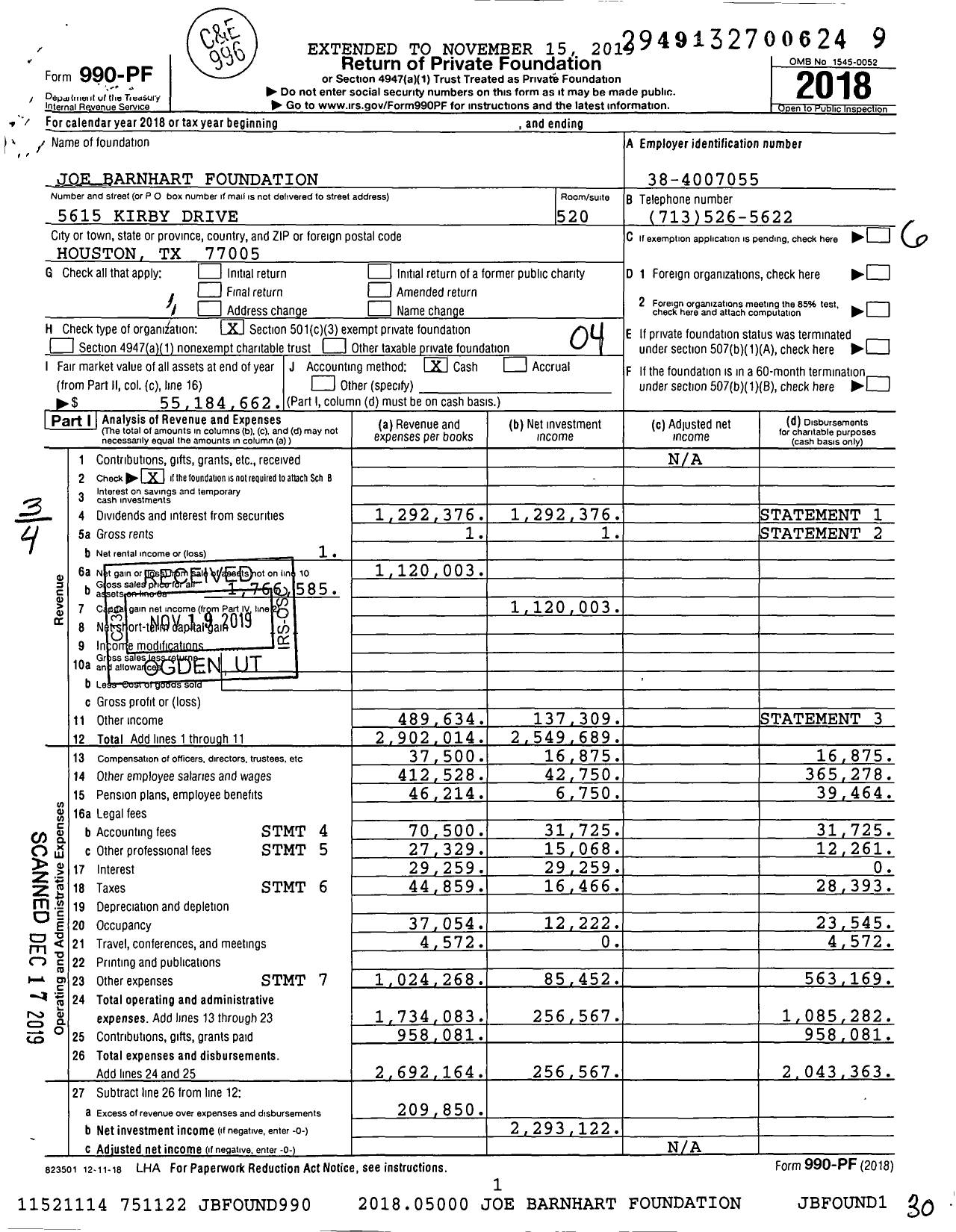 Image of first page of 2018 Form 990PF for Joe Barnhart Foundation