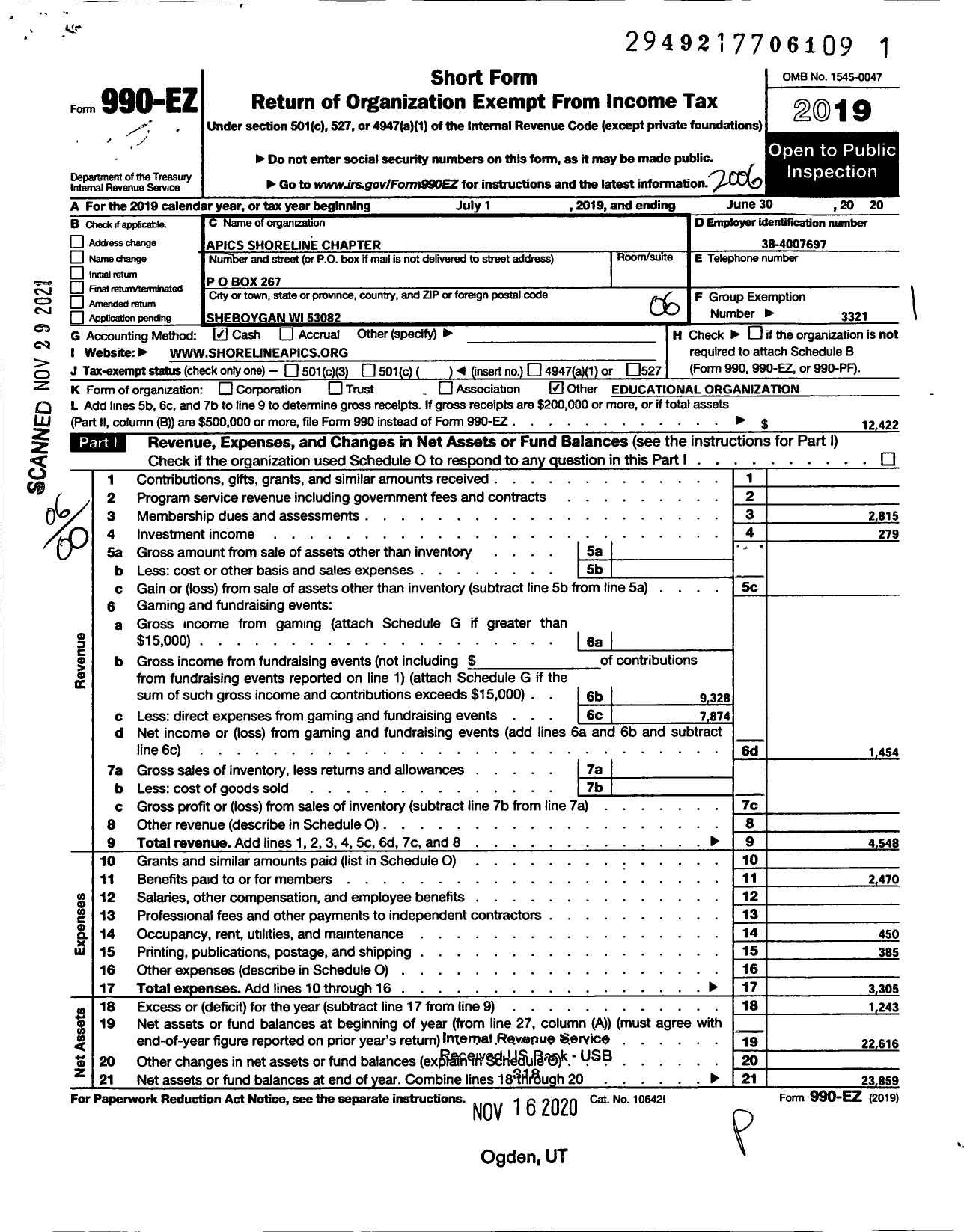 Image of first page of 2019 Form 990EO for American Production and Inventory Control Society Apics Shoreline Chapter