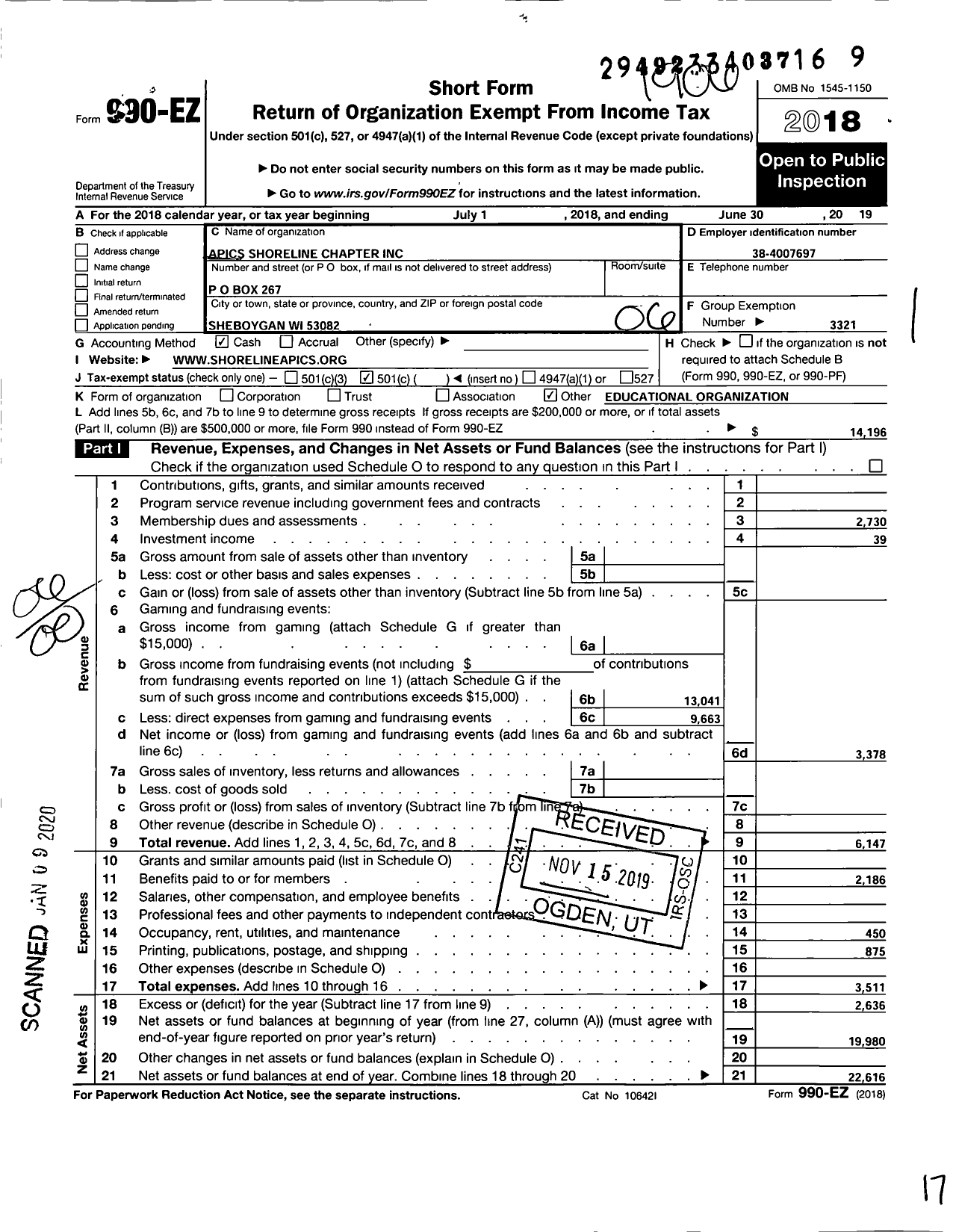 Image of first page of 2018 Form 990EO for American Production and Inventory Control Society Apics Shoreline Chapter