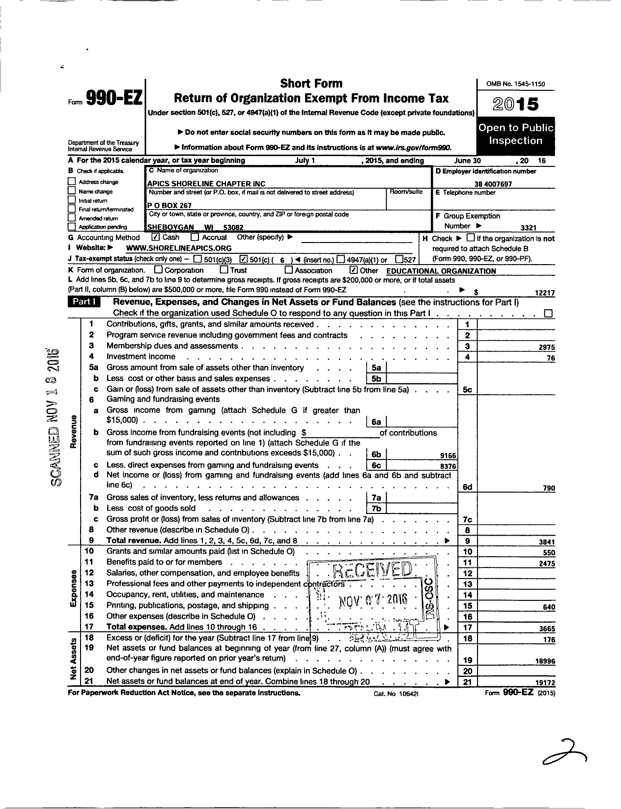 Image of first page of 2015 Form 990EO for American Production and Inventory Control Society Apics Shoreline Chapter