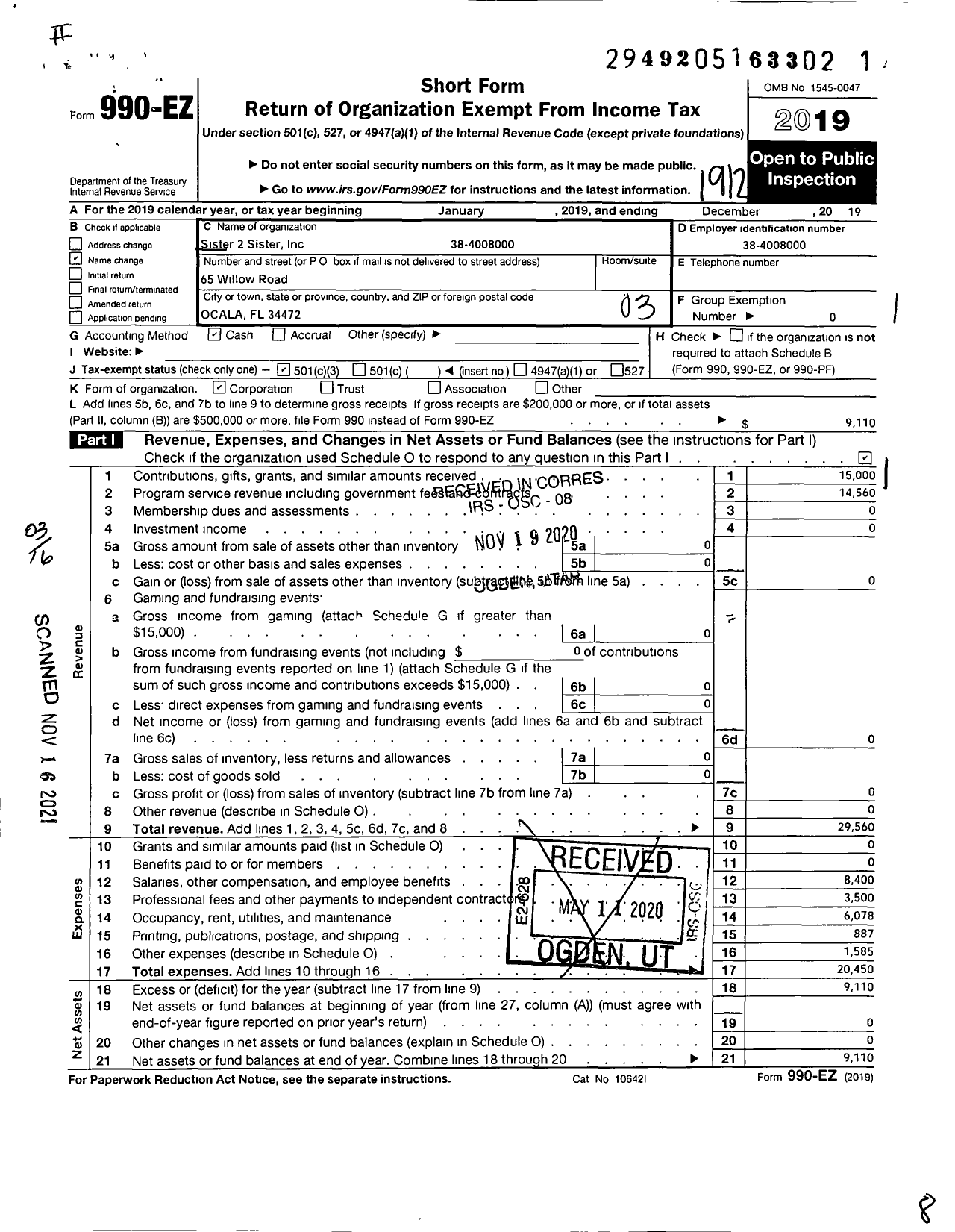Image of first page of 2019 Form 990EZ for Sister 2 Sister