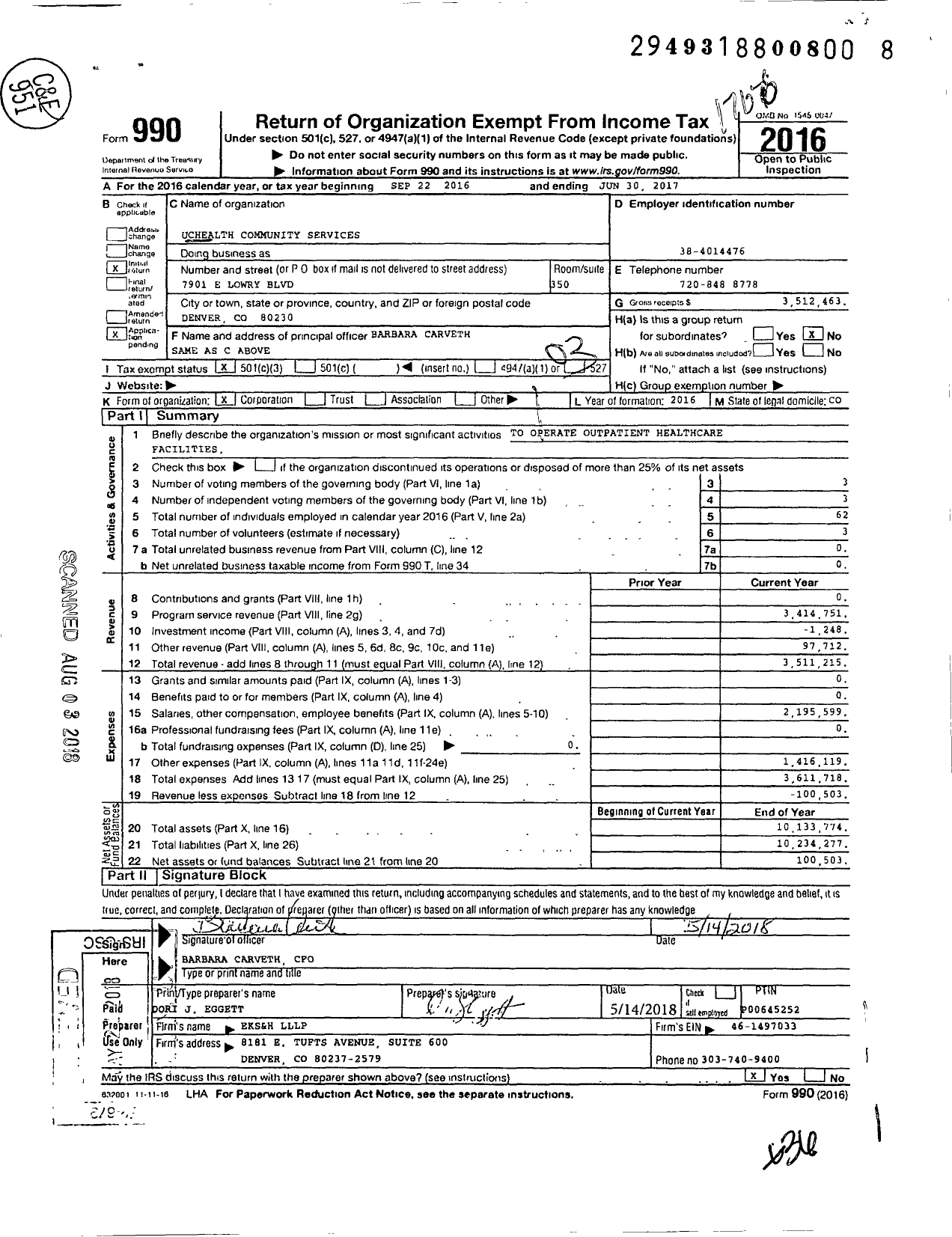 Image of first page of 2016 Form 990 for UCHealth