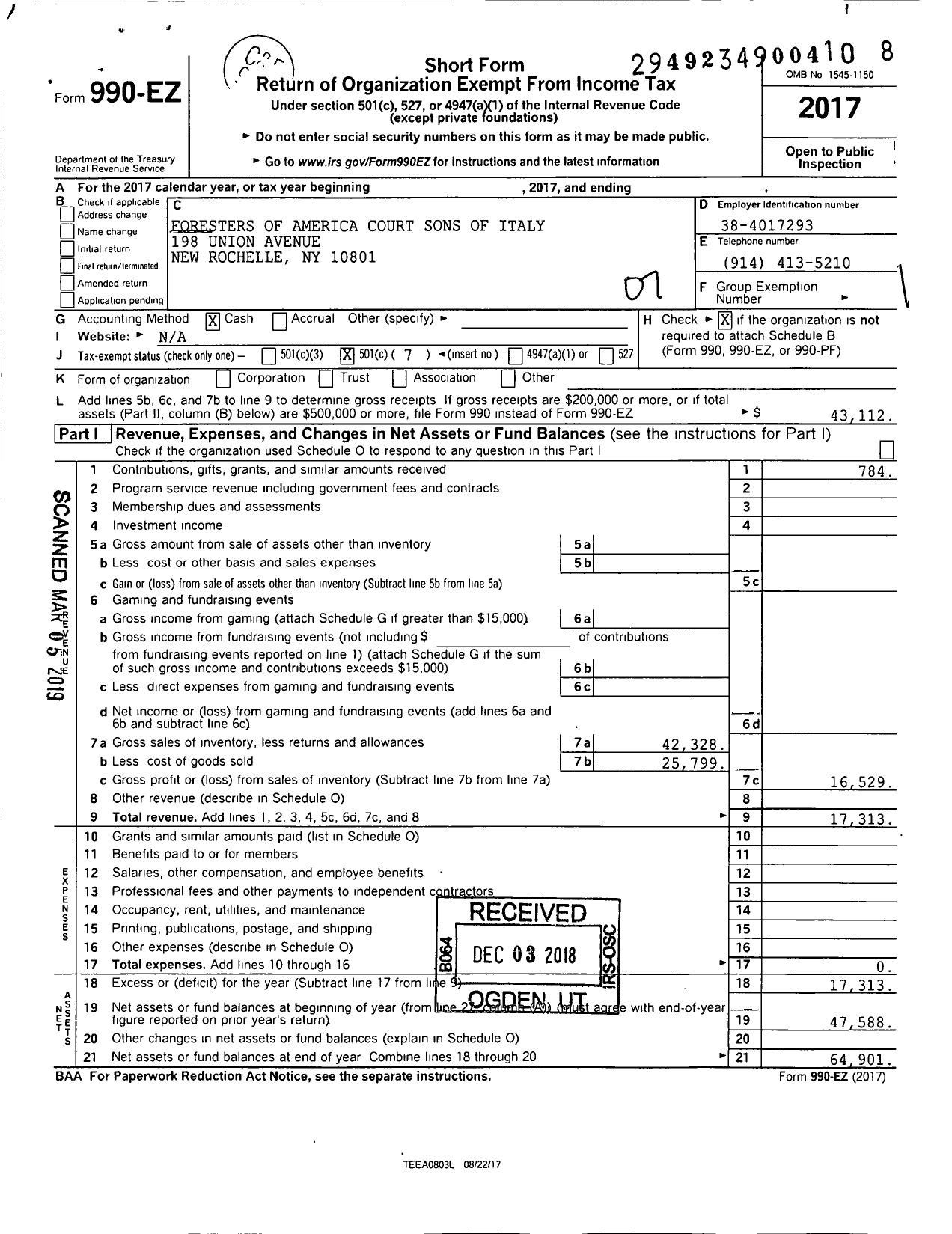 Image of first page of 2017 Form 990EO for Foresters of America Court Sons of Italy