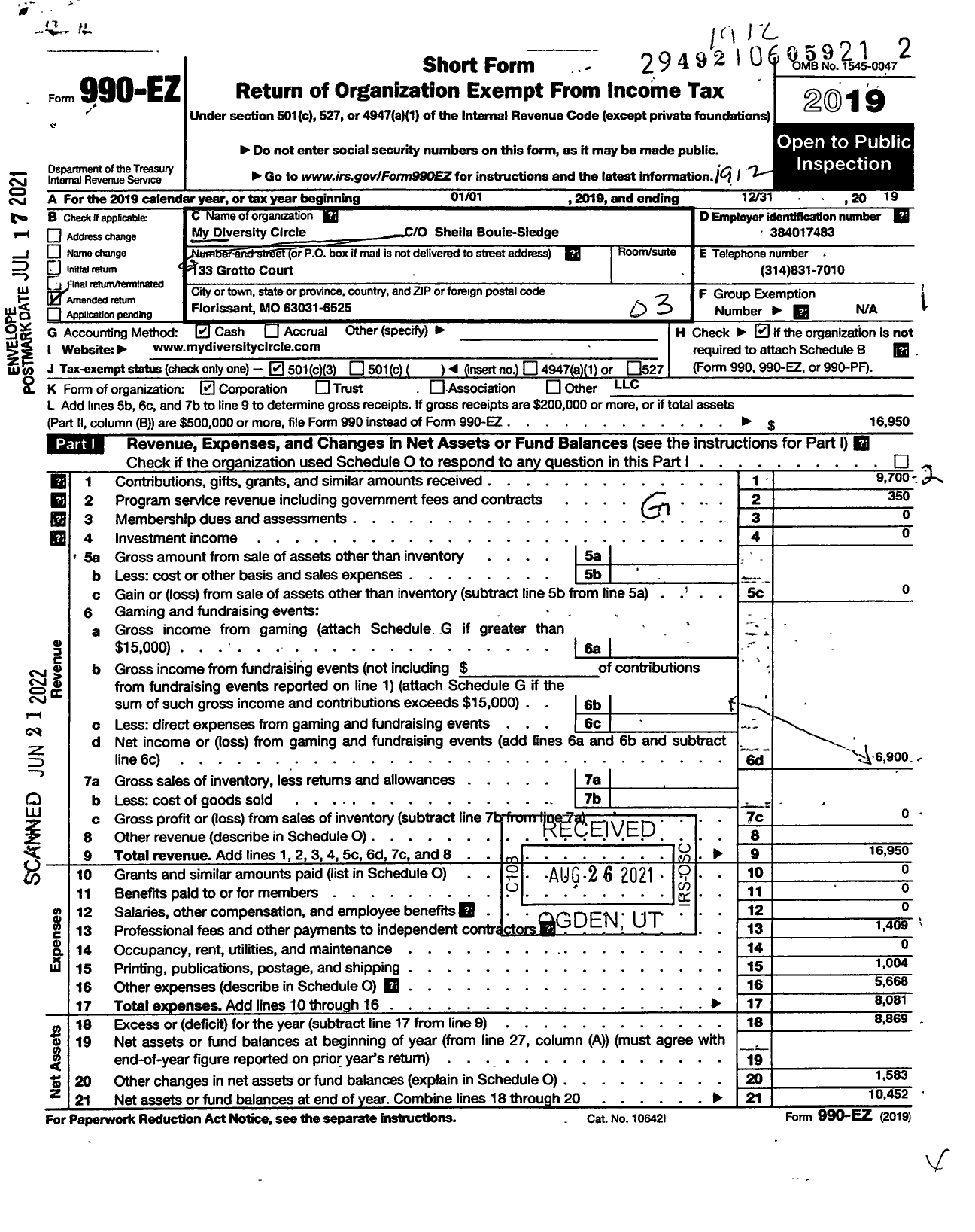 Image of first page of 2019 Form 990EZ for My Diversity Circle