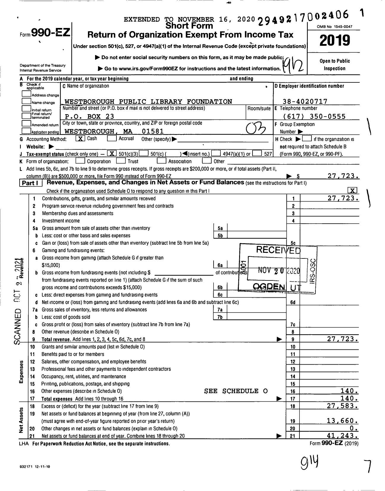 Image of first page of 2019 Form 990EZ for Westborough Public Library Foundation