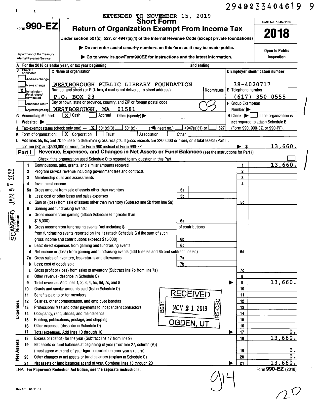 Image of first page of 2018 Form 990EZ for Westborough Public Library Foundation