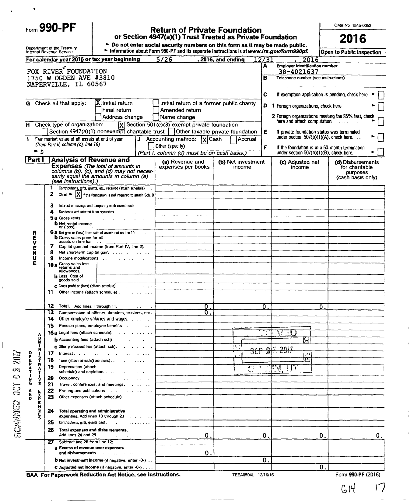 Image of first page of 2016 Form 990PF for Fox River Foundation