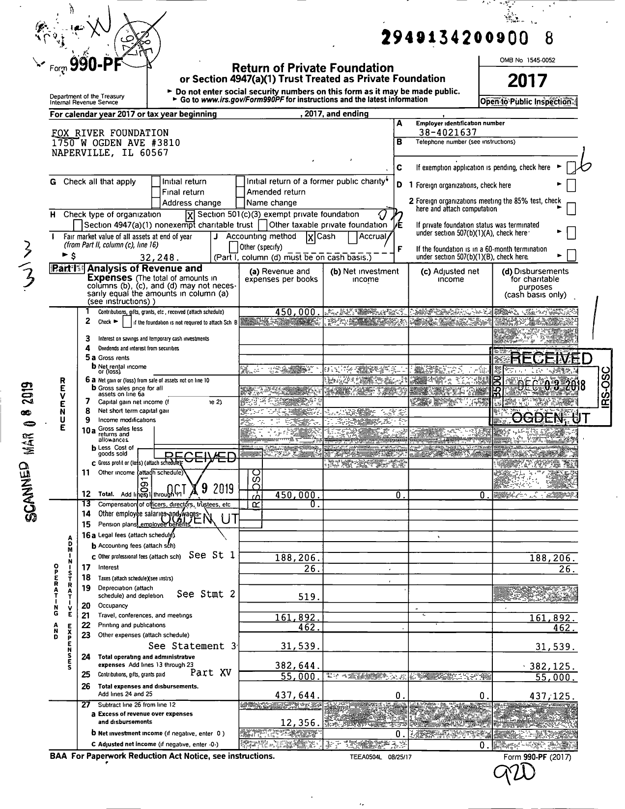 Image of first page of 2017 Form 990PF for Fox River Foundation