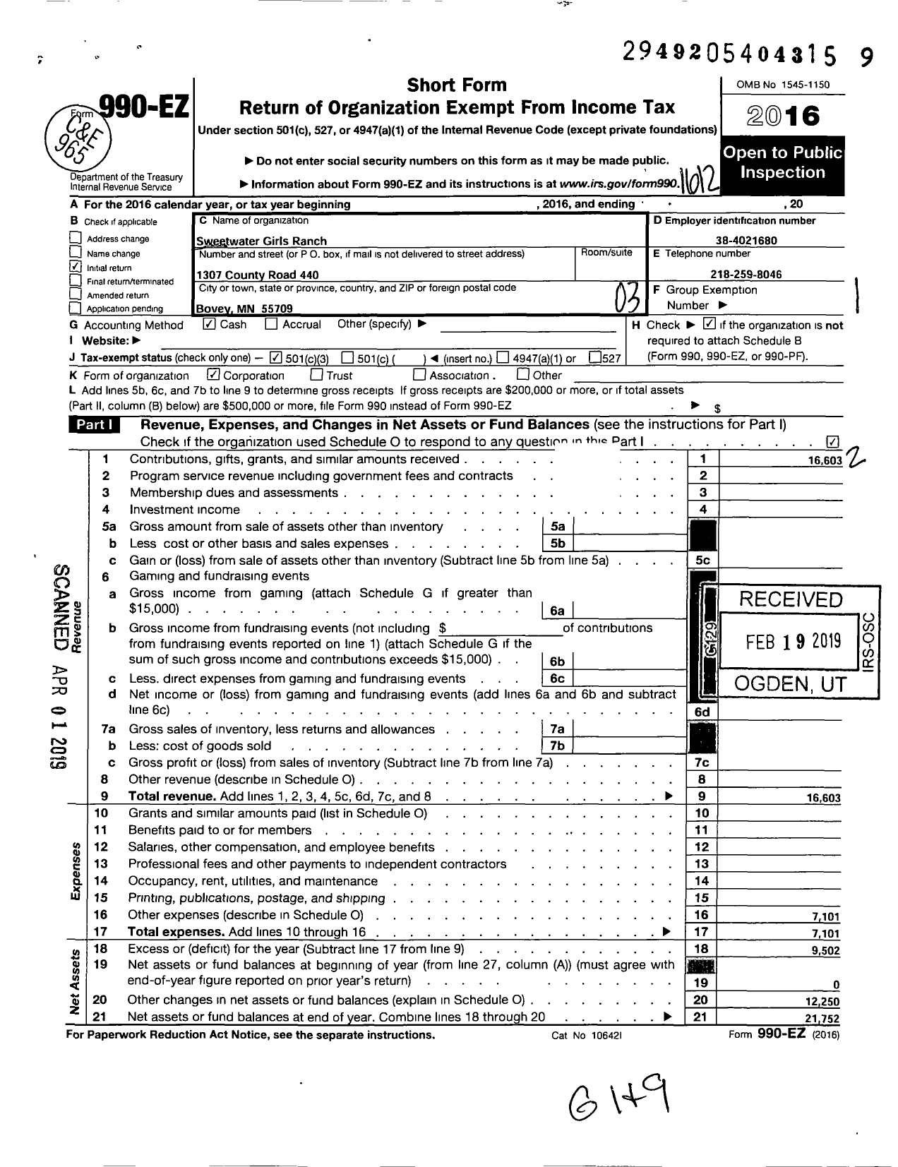 Image of first page of 2016 Form 990EZ for Sweetwater Girls Ranch