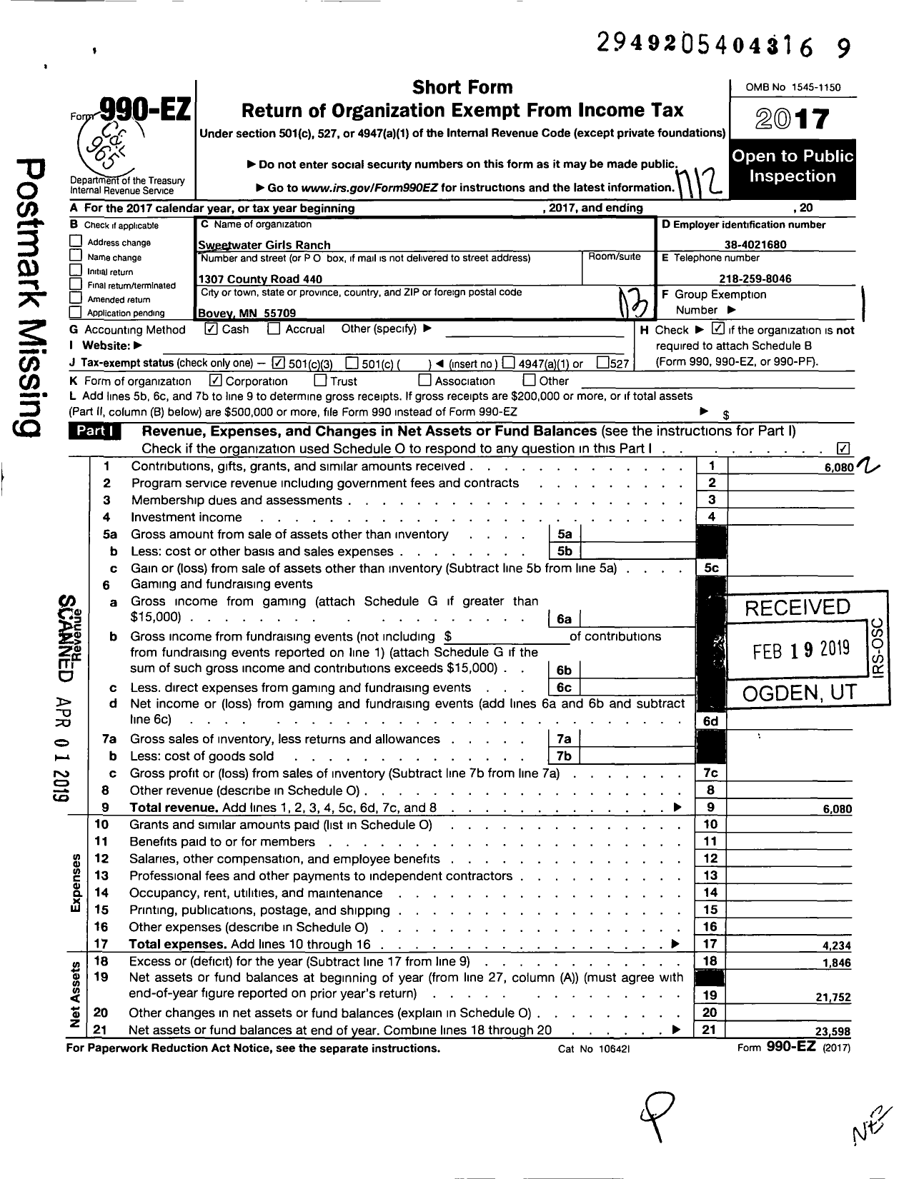 Image of first page of 2017 Form 990EZ for Sweetwater Girls Ranch