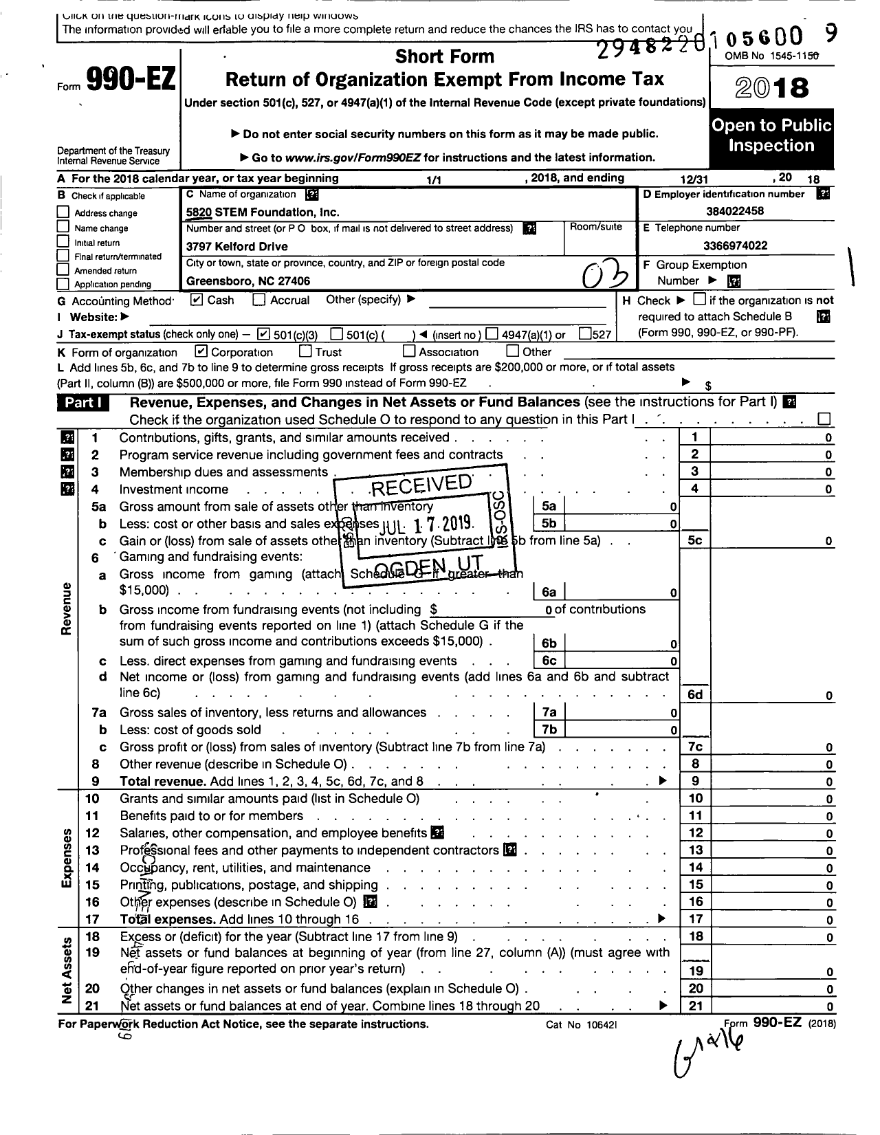 Image of first page of 2018 Form 990EZ for 5280 Stem Foundation