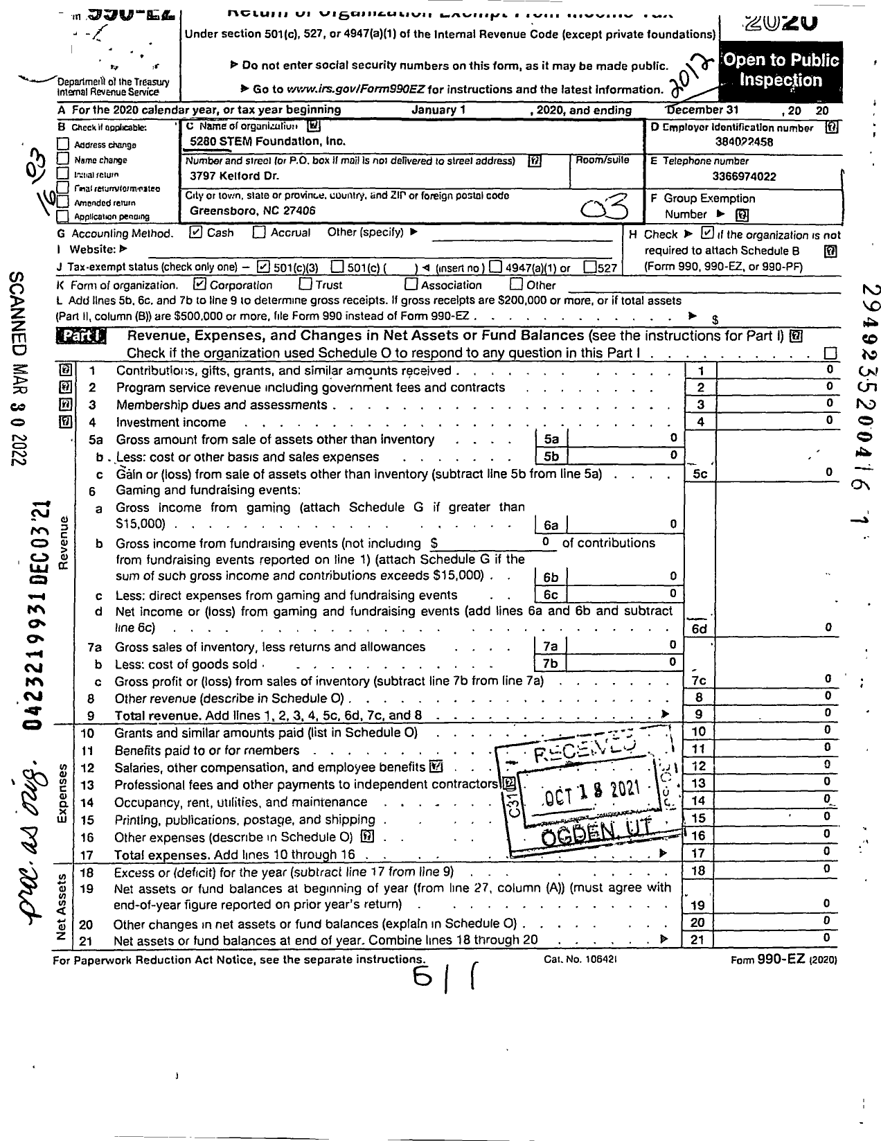 Image of first page of 2020 Form 990EZ for 5280 Stem Foundation