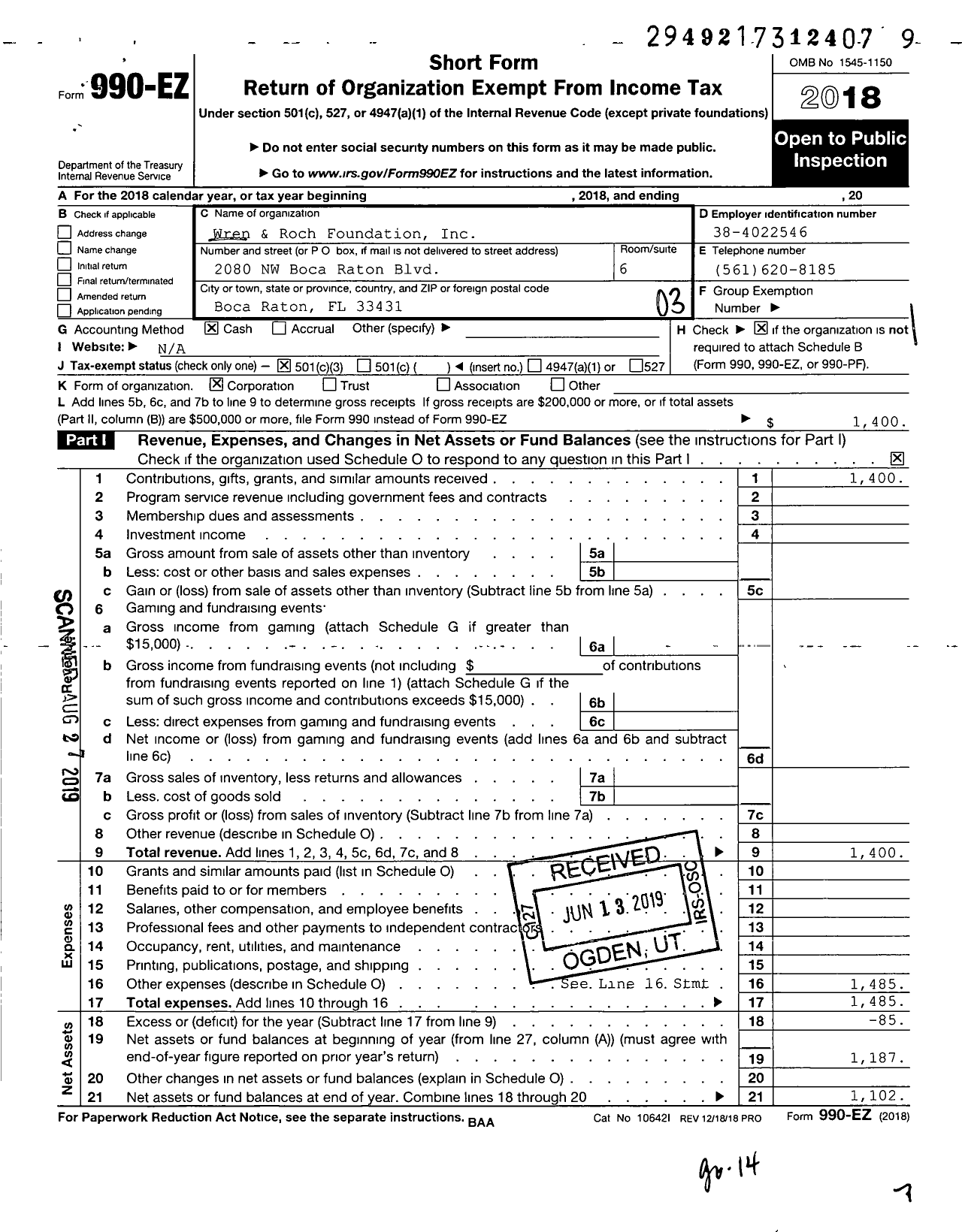 Image of first page of 2018 Form 990EZ for Wren and Roch Foundation