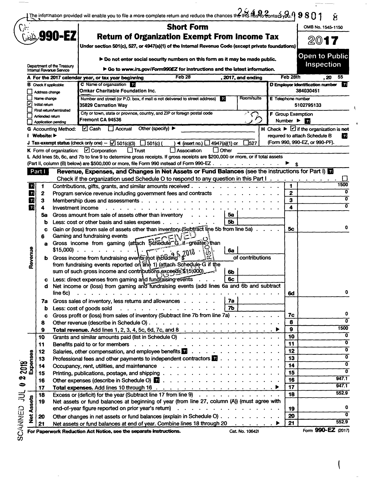 Image of first page of 2016 Form 990EZ for Omkar Charitable Foundation