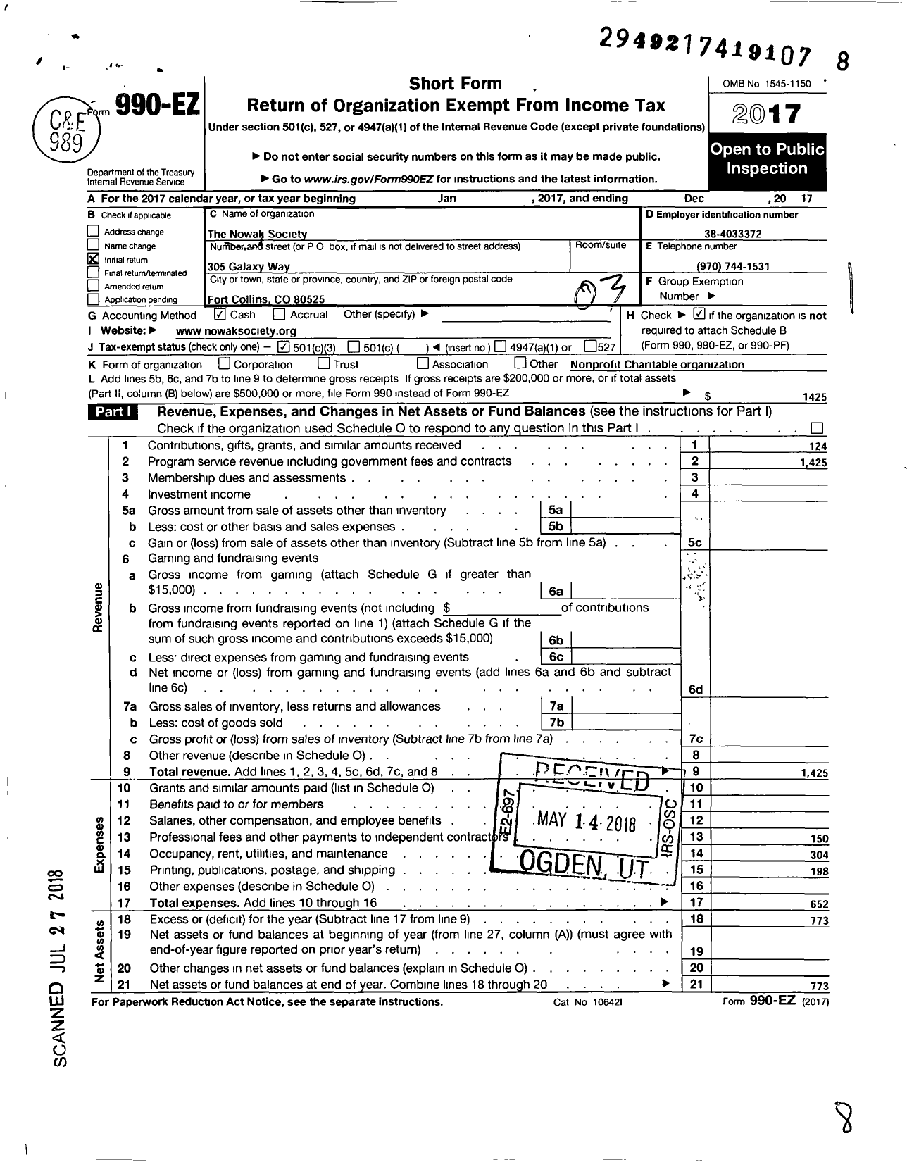 Image of first page of 2017 Form 990EZ for The Nowak Society