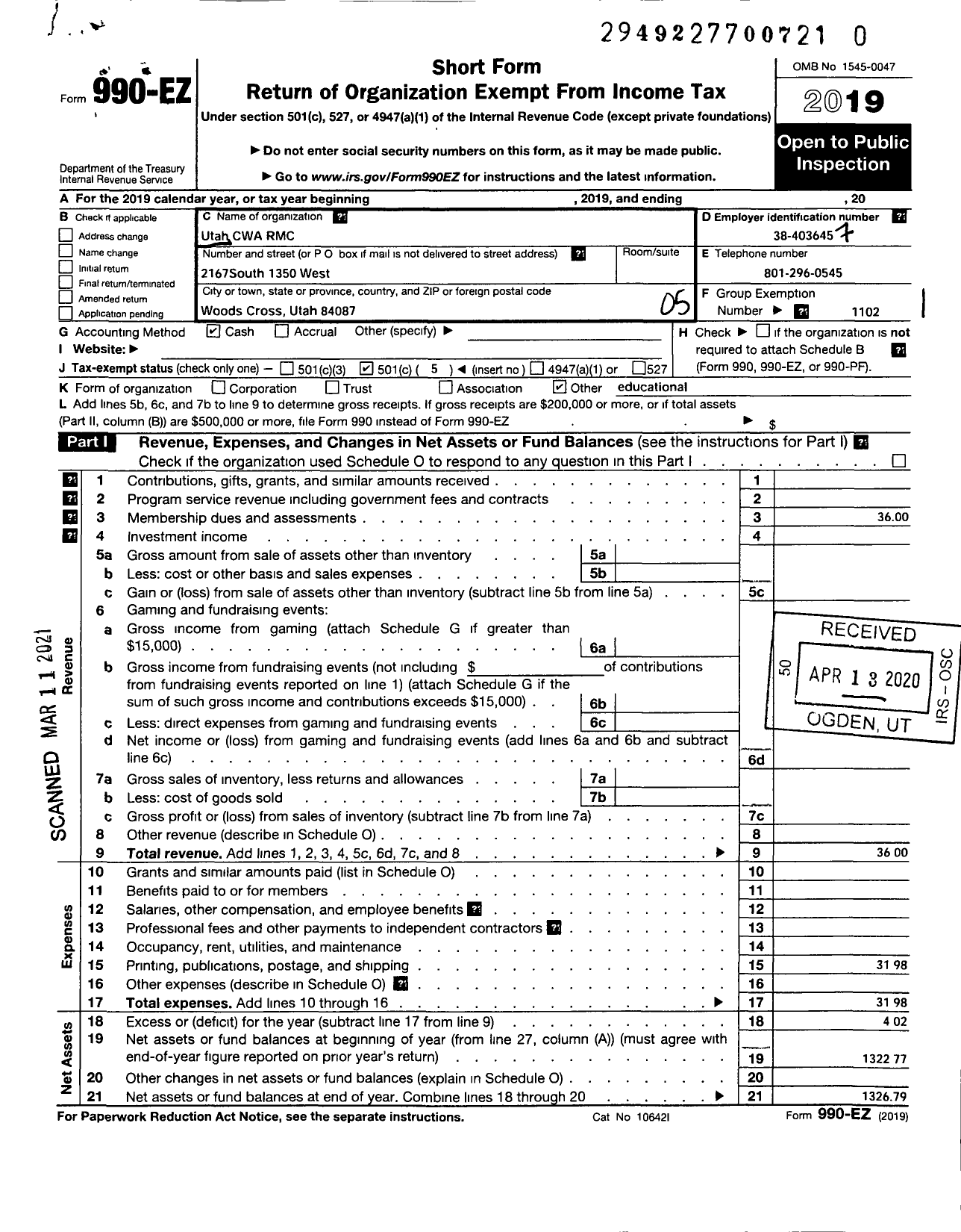 Image of first page of 2019 Form 990EO for Communications Workers of America - 70014 Cwa RMC
