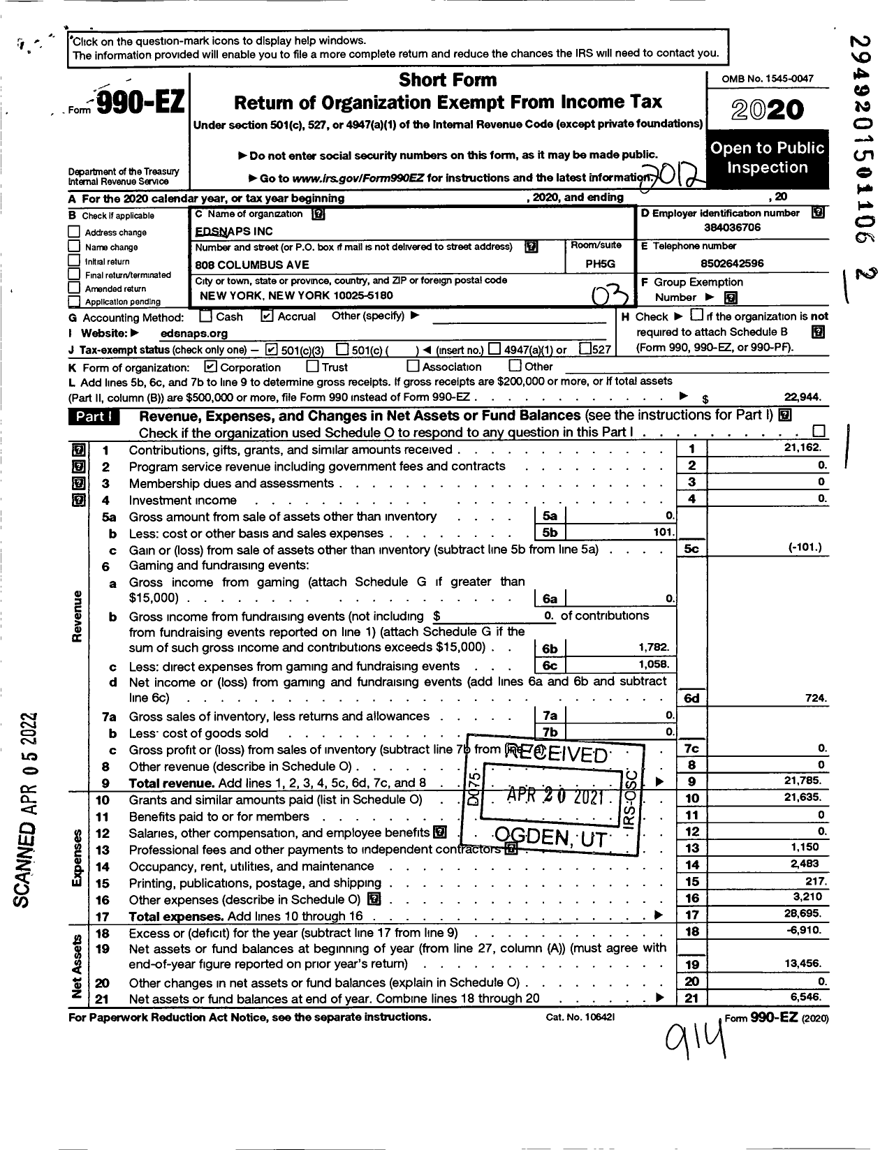 Image of first page of 2020 Form 990EZ for EDsnaps