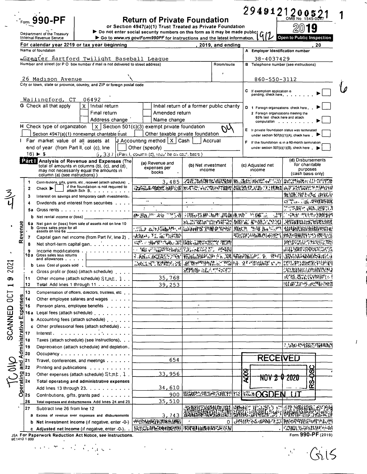 Image of first page of 2019 Form 990PF for Greater Hartford Twilight Baseball League