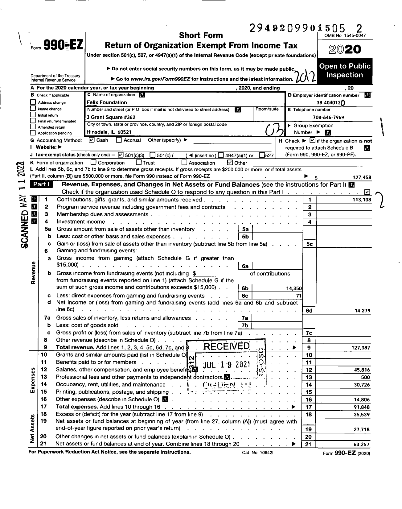 Image of first page of 2020 Form 990EZ for Felix Foundation