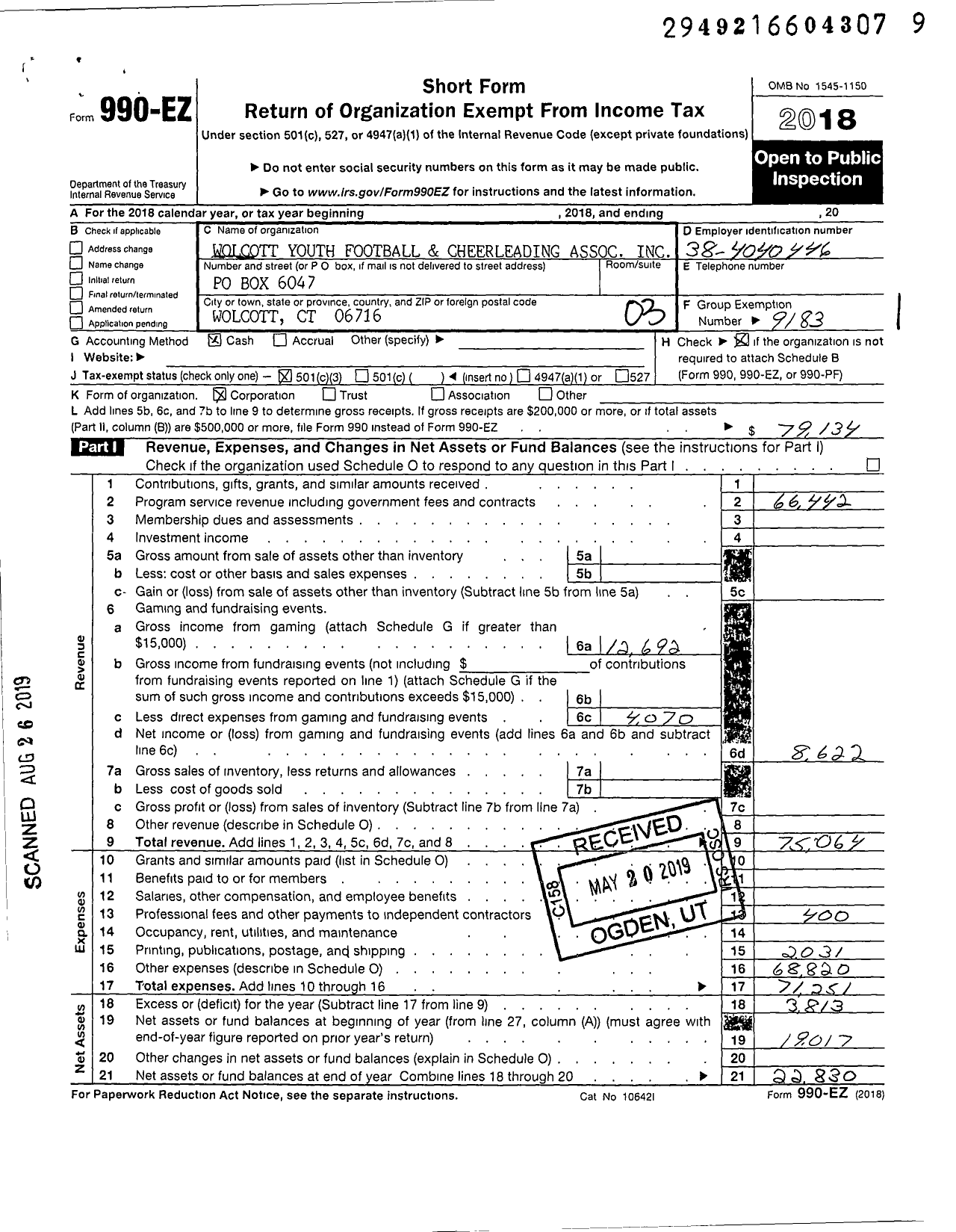 Image of first page of 2018 Form 990EZ for Wolcott Youth Football and Cheerleading Assoc