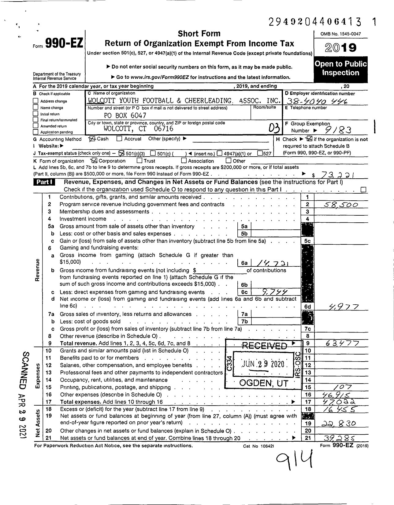 Image of first page of 2019 Form 990EZ for Wolcott Youth Football and Cheerleading Assoc