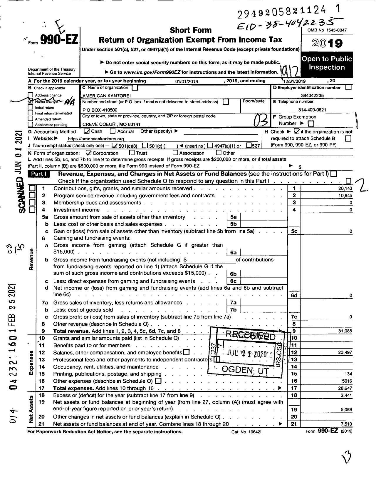 Image of first page of 2019 Form 990EZ for American Kantorei