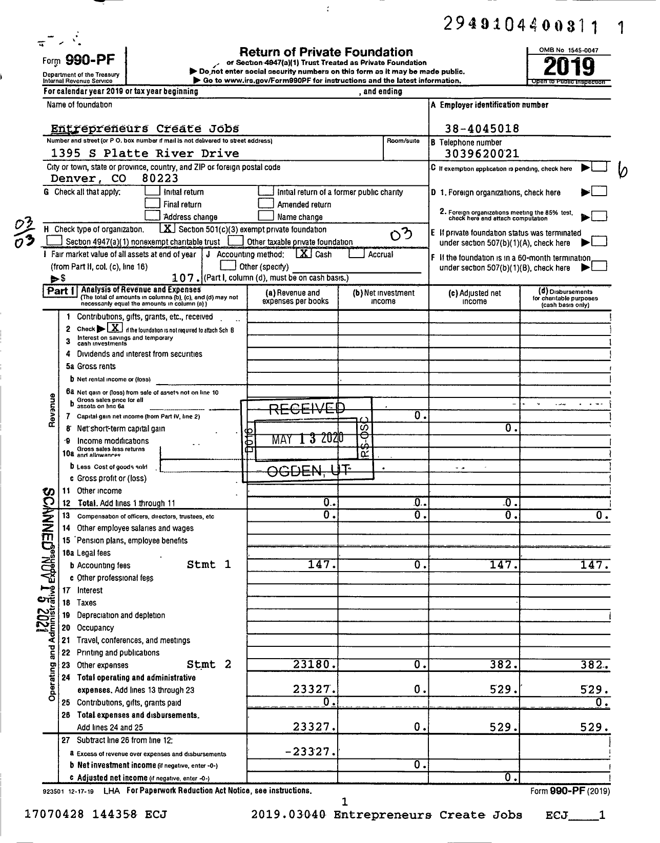 Image of first page of 2019 Form 990PF for Entrepreneurs Create Jobs