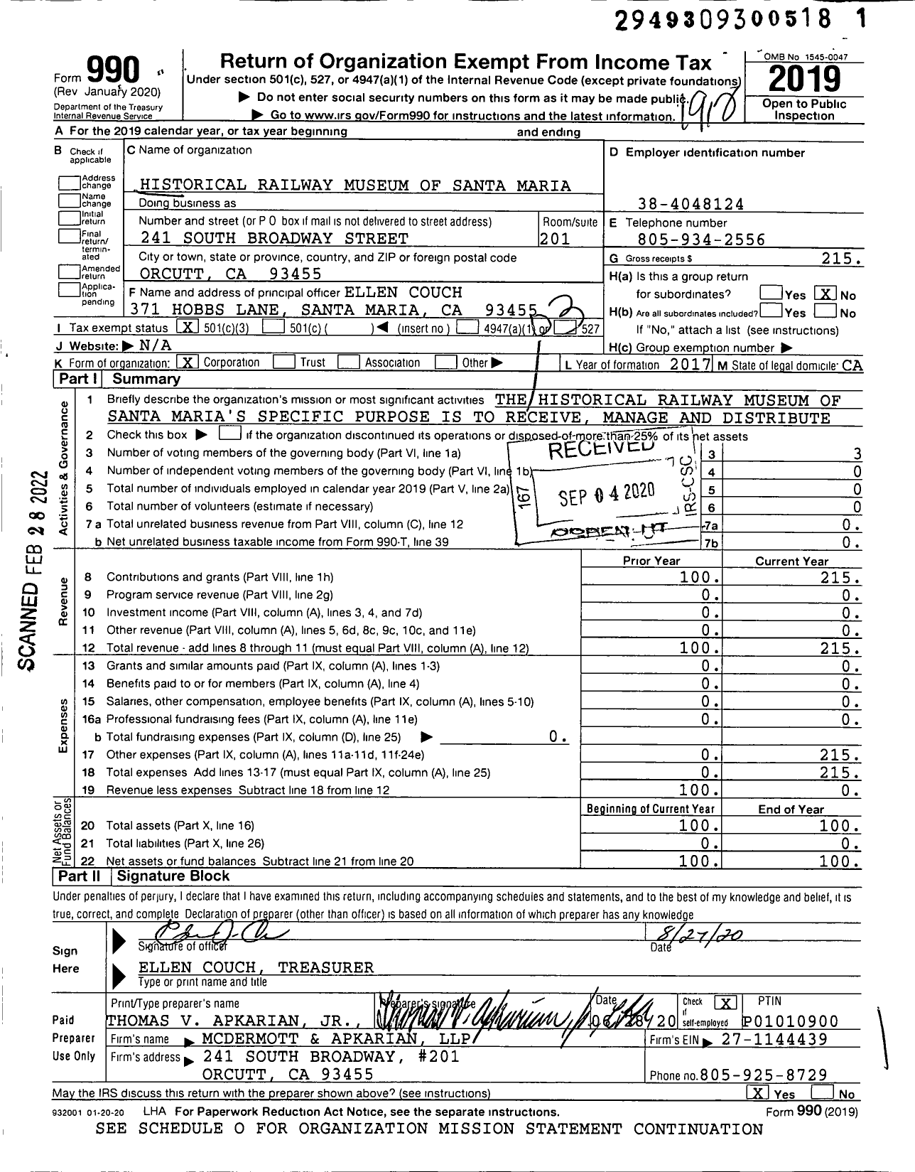 Image of first page of 2019 Form 990 for Historical Railway Museum of Santa Maria