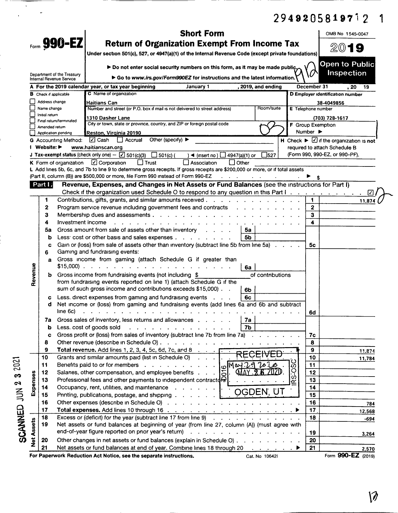 Image of first page of 2019 Form 990EZ for Haitians Can