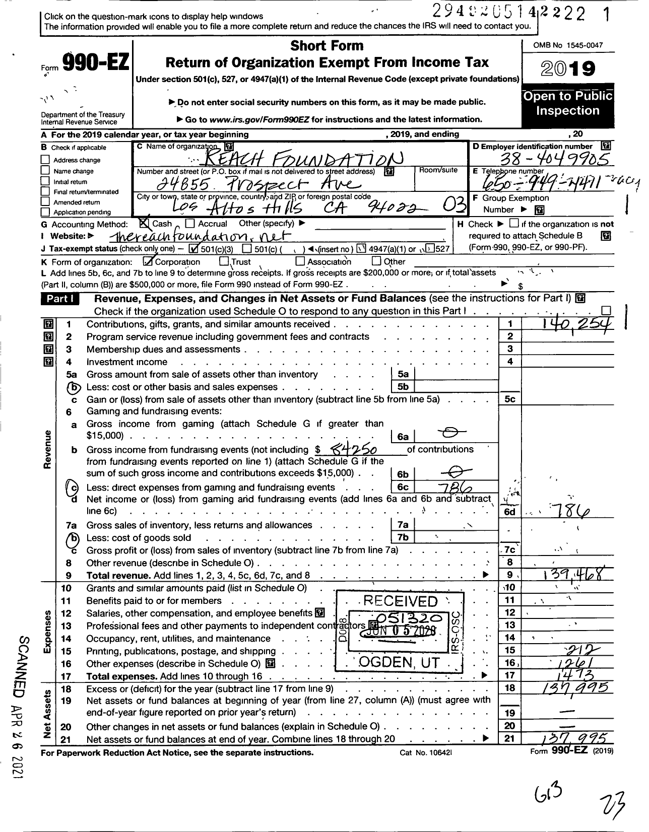 Image of first page of 2019 Form 990EZ for Reach Foundation