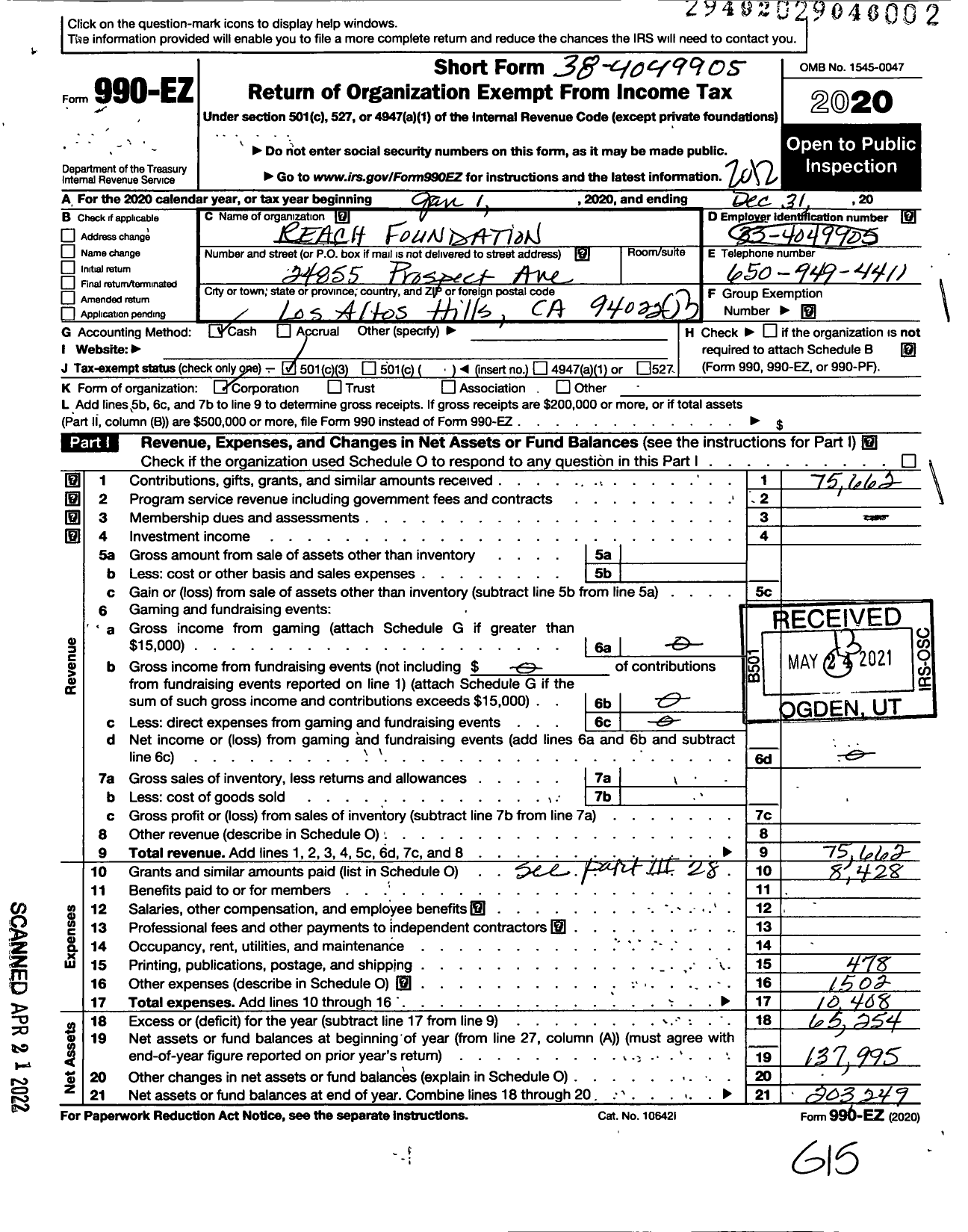 Image of first page of 2020 Form 990EZ for Reach Foundation