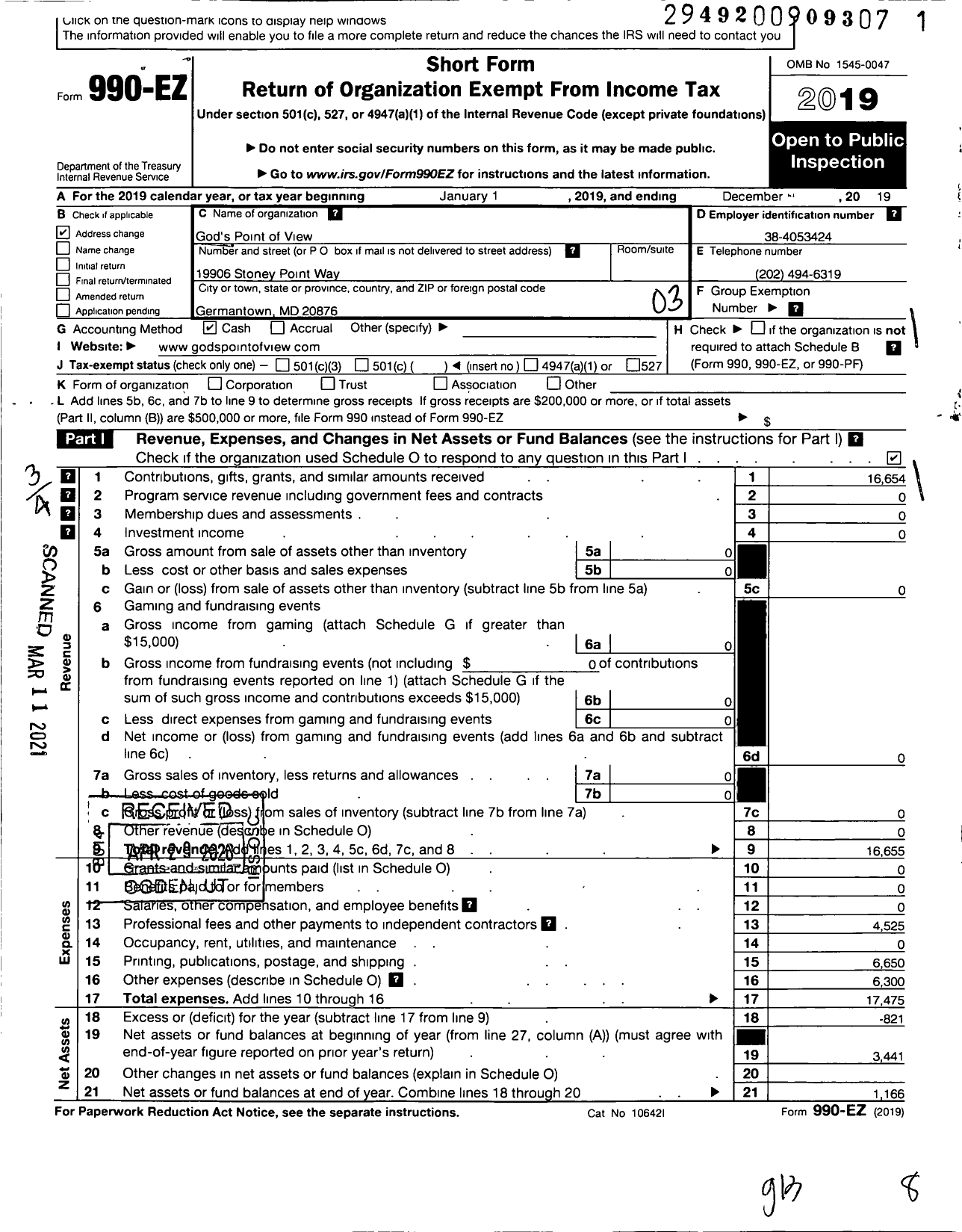 Image of first page of 2019 Form 990EZ for Gods Point of View