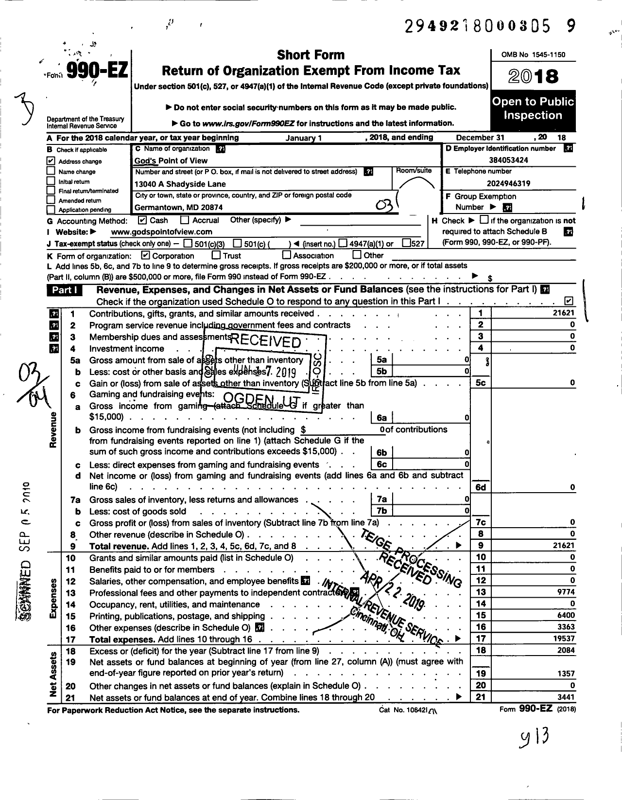 Image of first page of 2018 Form 990EZ for Gods Point of View