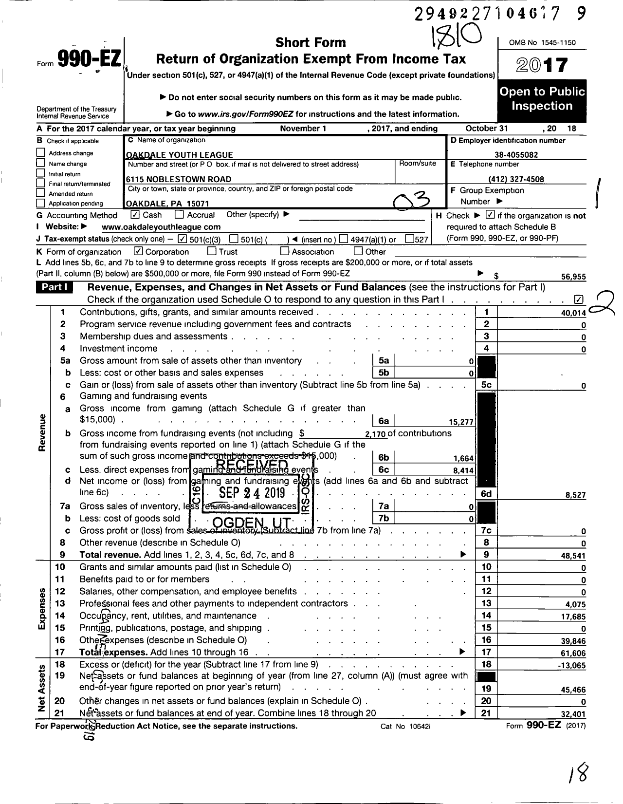 Image of first page of 2017 Form 990EZ for Oakdale Youth League