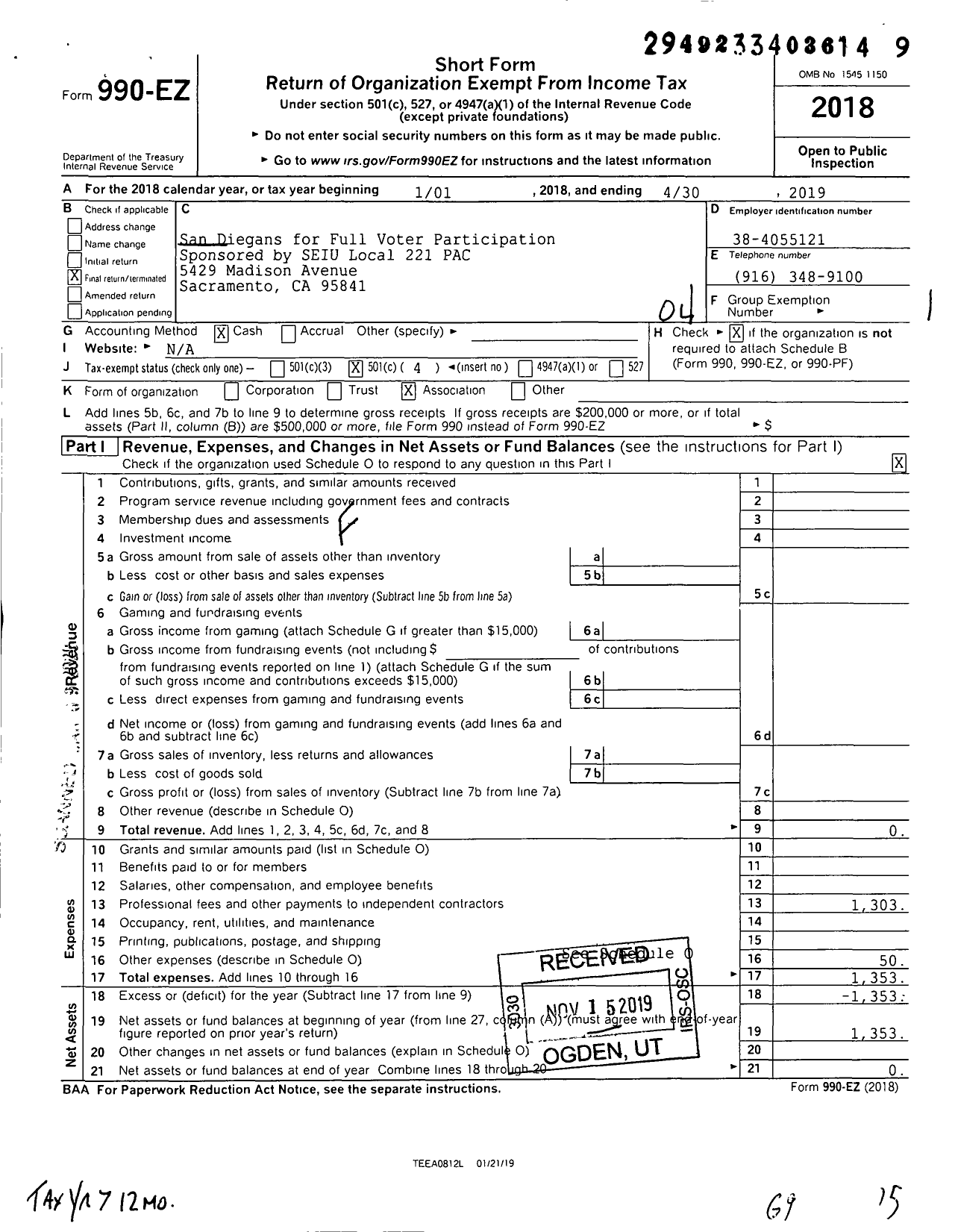 Image of first page of 2018 Form 990EO for San Diegans for Full Voter Participation Sponsored by SEIU Local 221 PAC